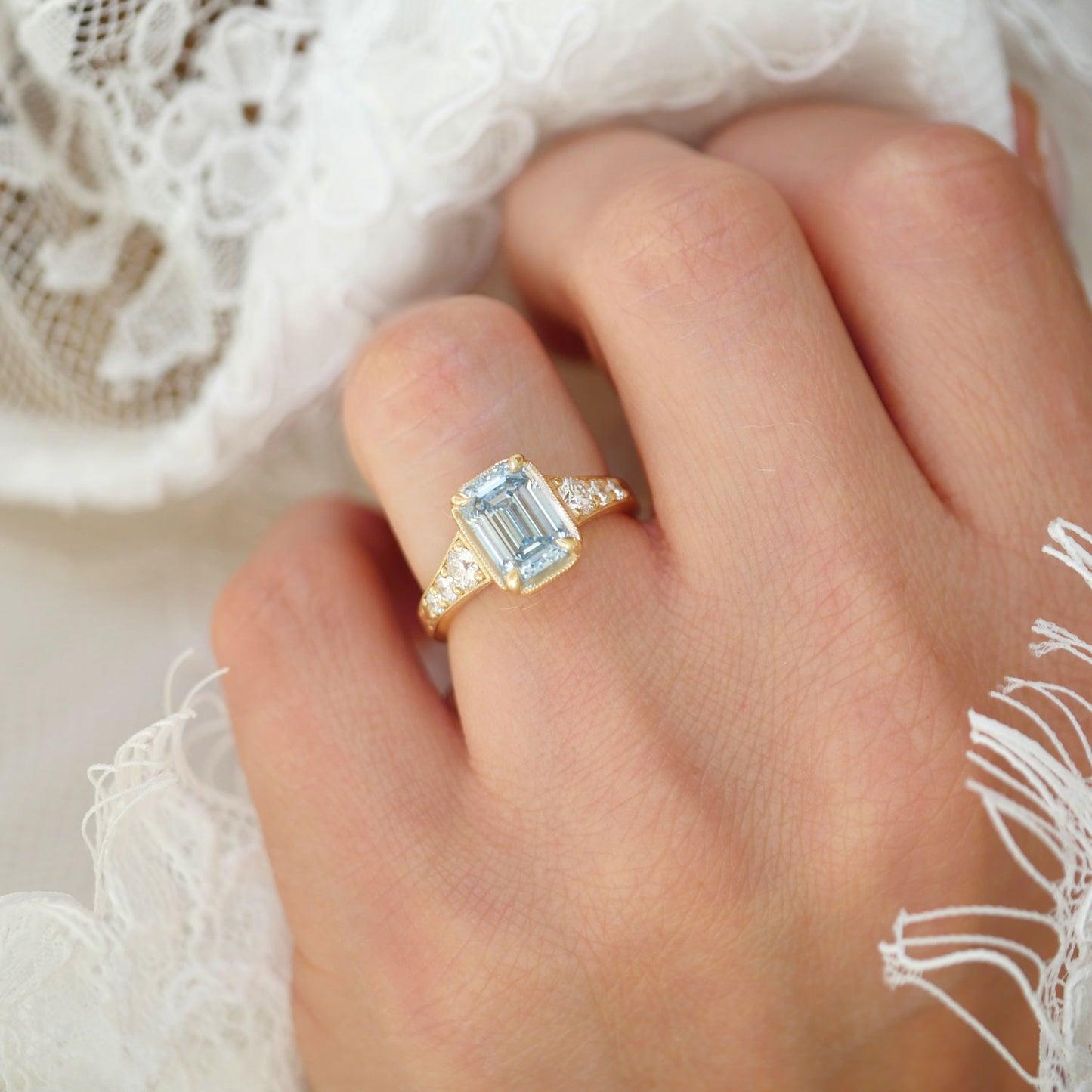 Emerald Cut Blue Diamond Astra Ring