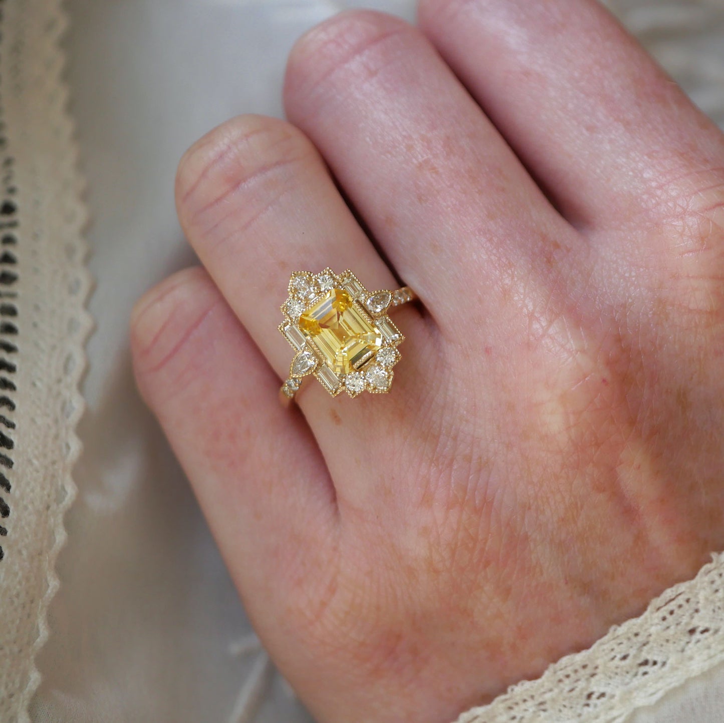 Yellow Sapphire Deco Emerald & Pear Diamond Mosaic Ring