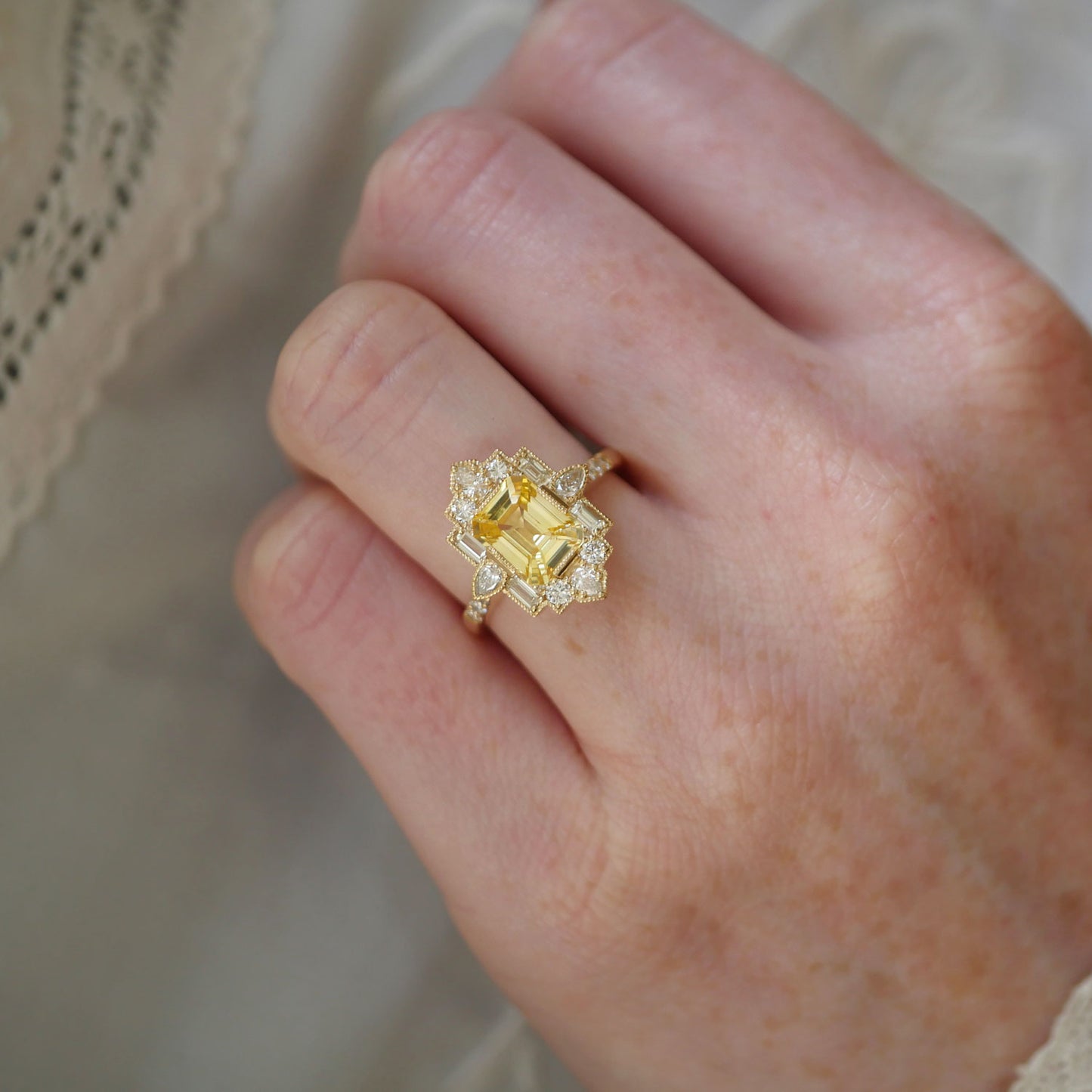 Yellow Sapphire Deco Emerald & Pear Diamond Mosaic Ring