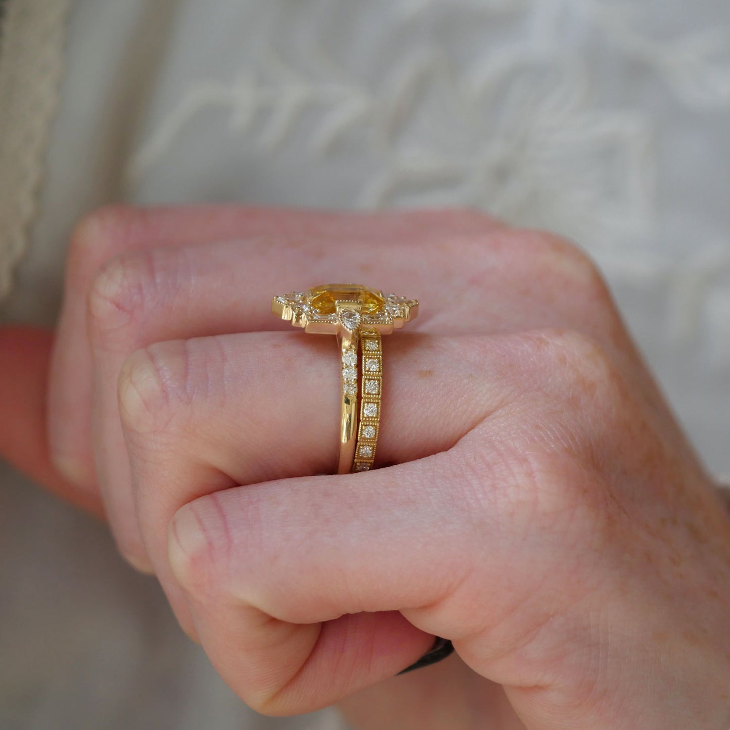 Yellow Sapphire Deco Emerald & Pear Diamond Mosaic Ring