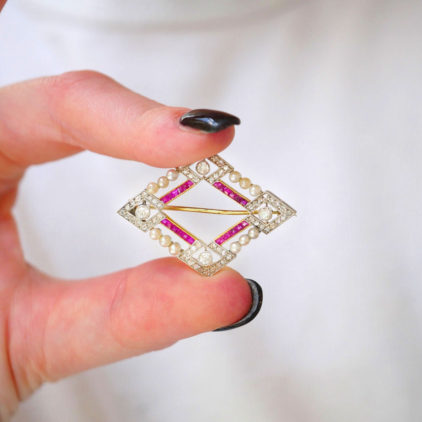 Striking Art Deco Geometric Ruby, Diamond & Pearl Pendant