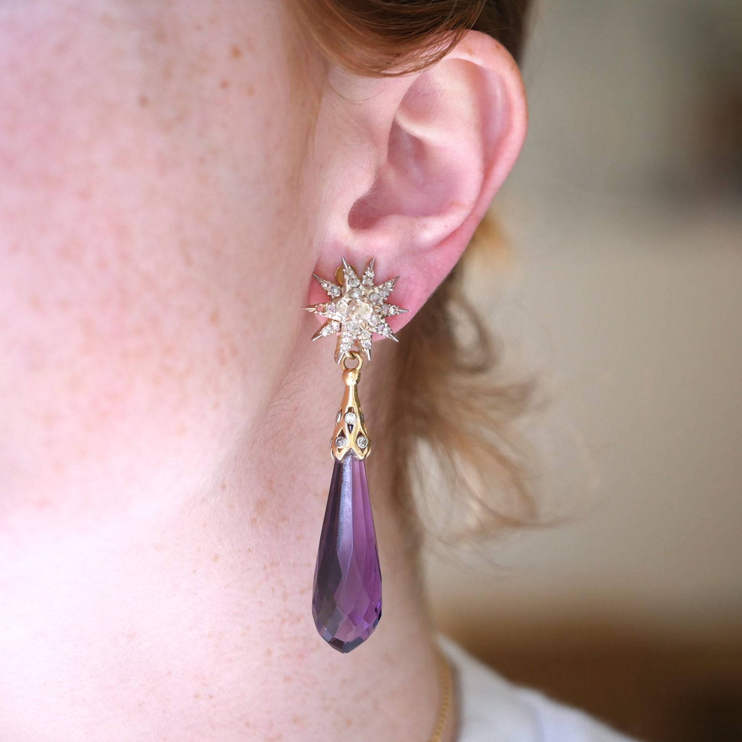 Vintage Amethyst and Diamond Pendant Earrings