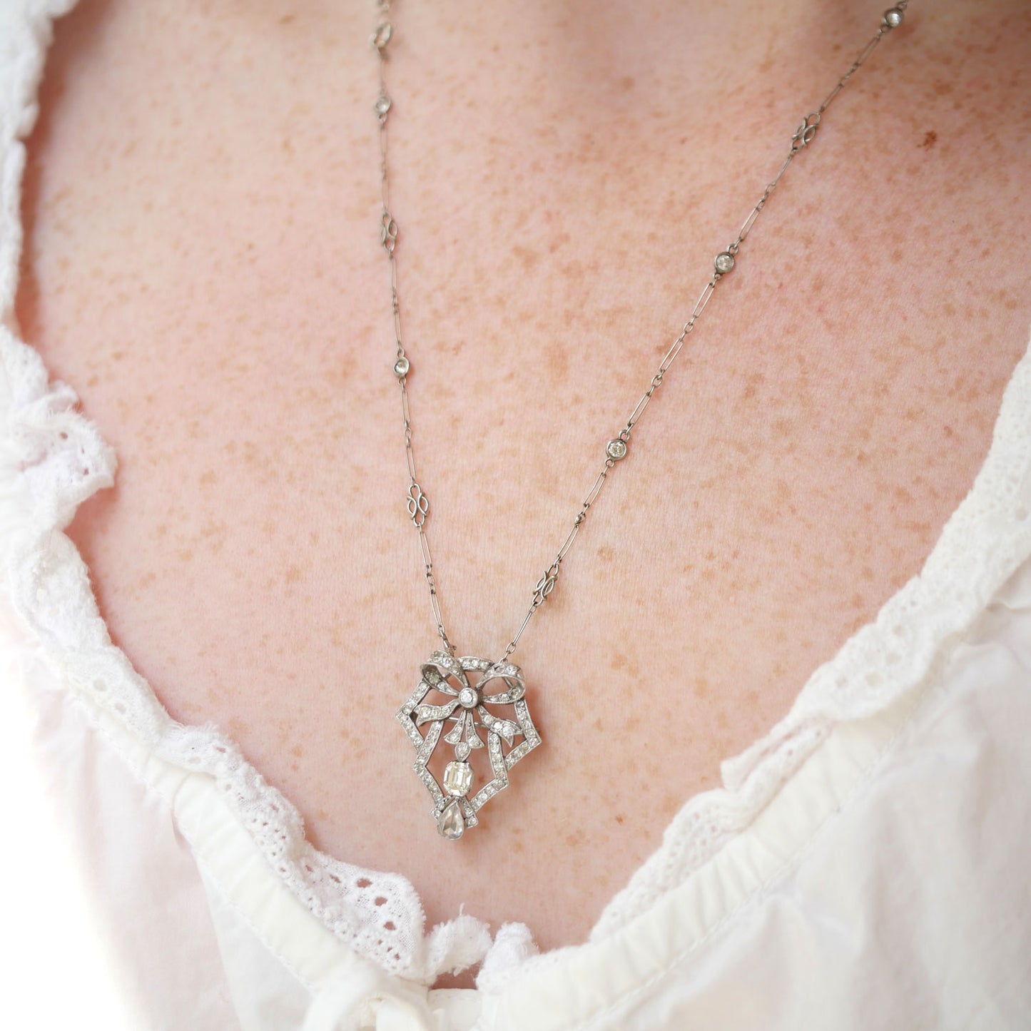 Antique Diamond Bow Pendant Necklace