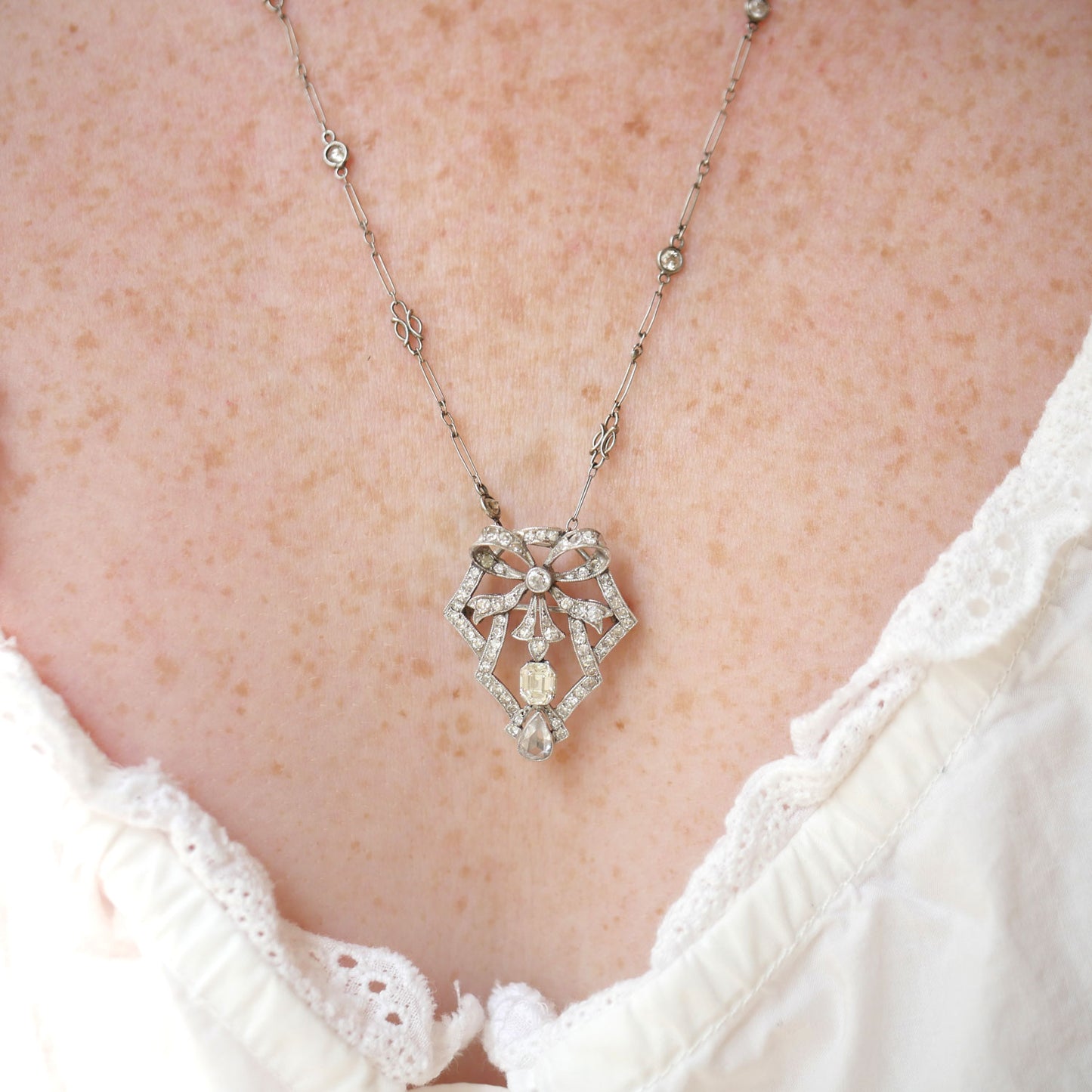 Antique Diamond Bow Pendant Necklace