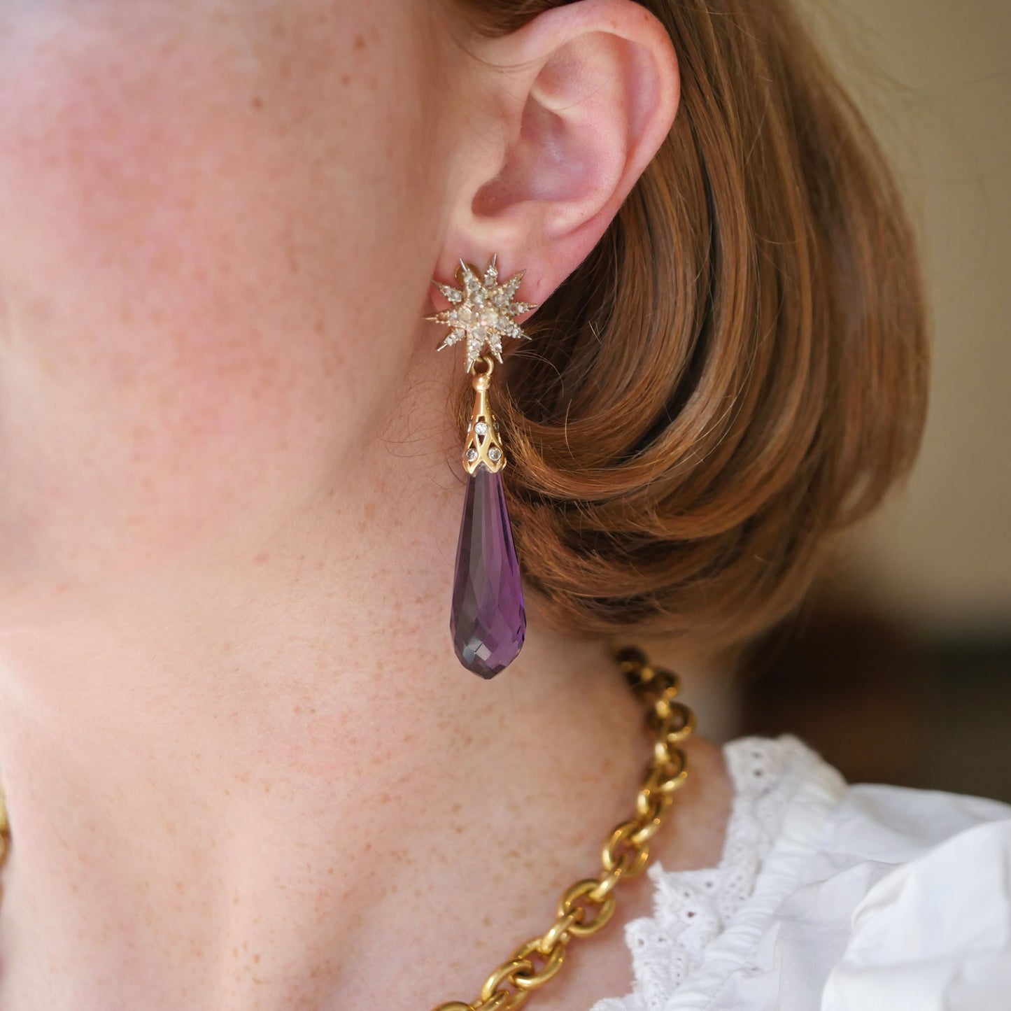 Vintage Amethyst and Diamond Pendant Earrings