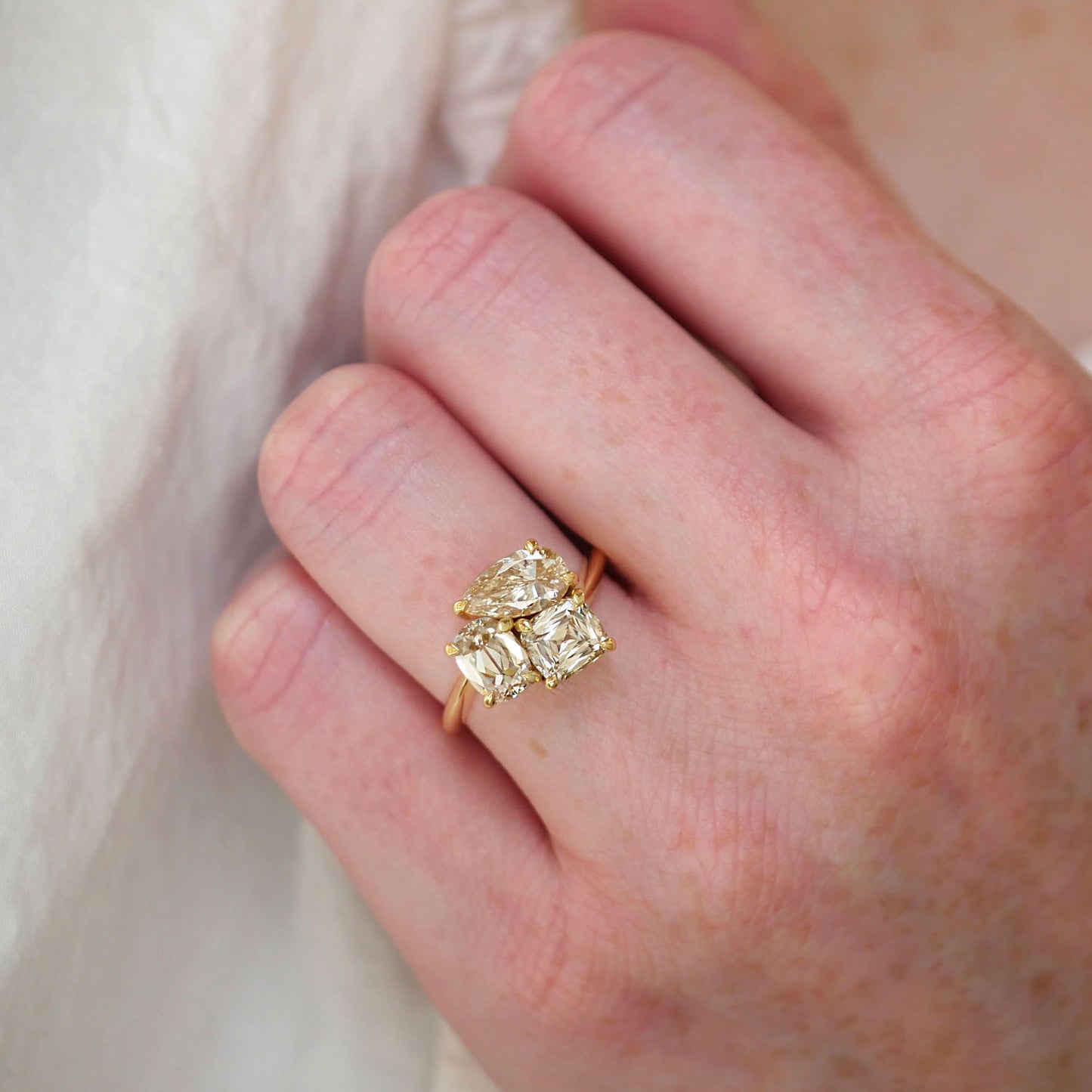 Pear & Cushion Champagne Diamond Trio Cluster Ring