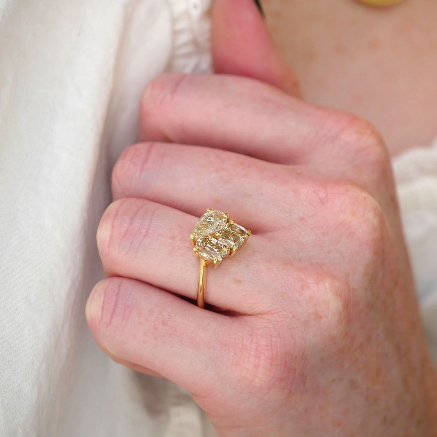 Pear & Cushion Champagne Diamond Trio Cluster Ring