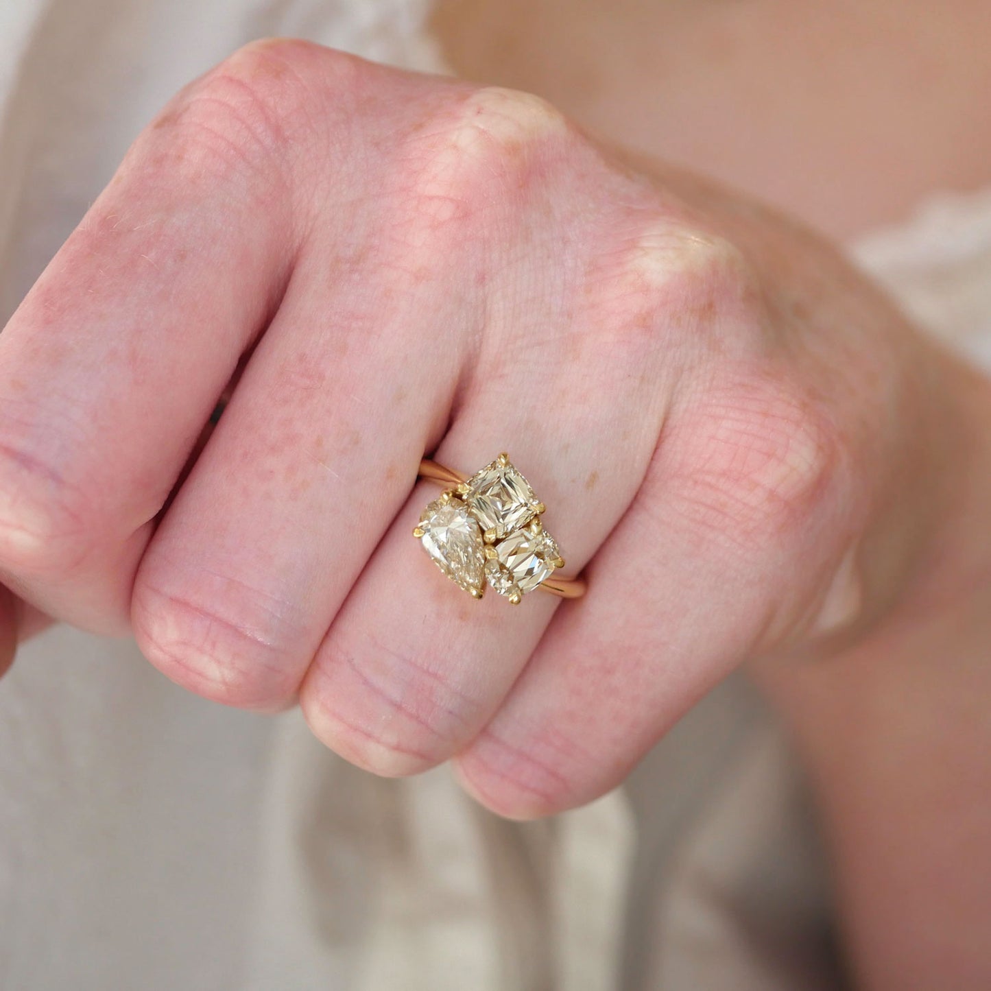 Pear & Cushion Champagne Diamond Trio Cluster Ring