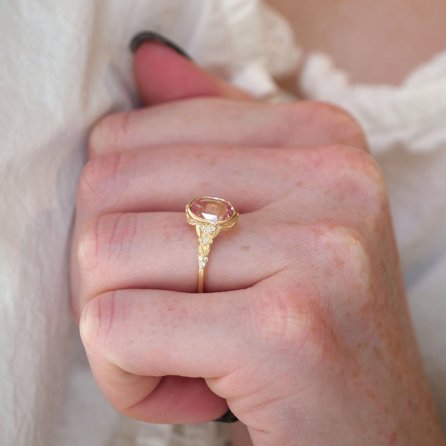 Primrose Padparadscha Oval Sapphire Diamond Ring