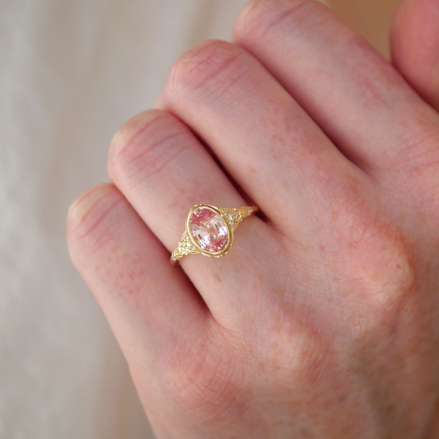 Primrose Padparadscha Oval Sapphire Diamond Ring