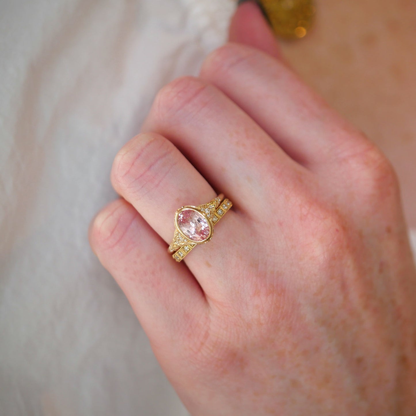 Primrose Padparadscha Oval Sapphire Diamond Ring