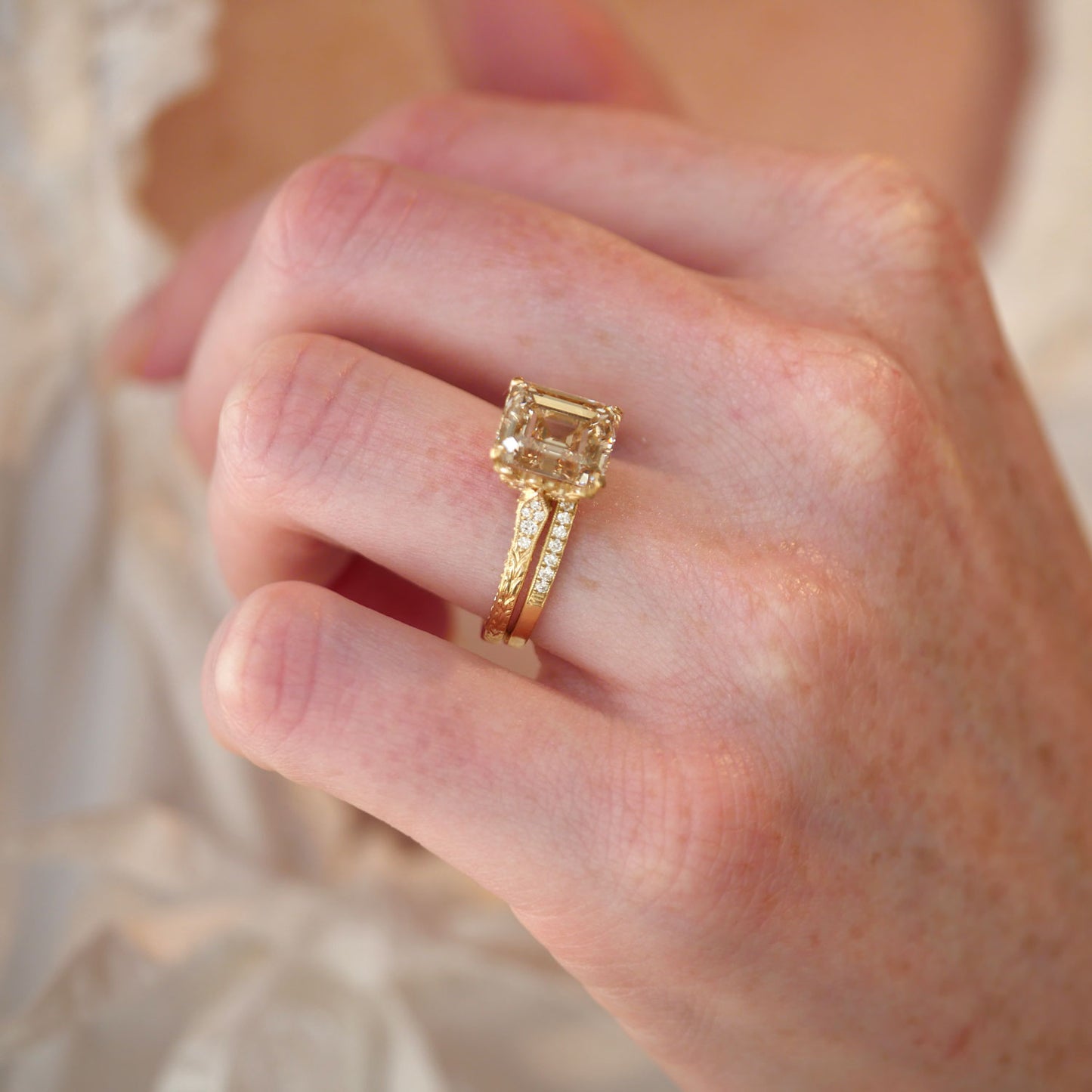 Plumeria Champagne Emerald Cut Diamond Ring