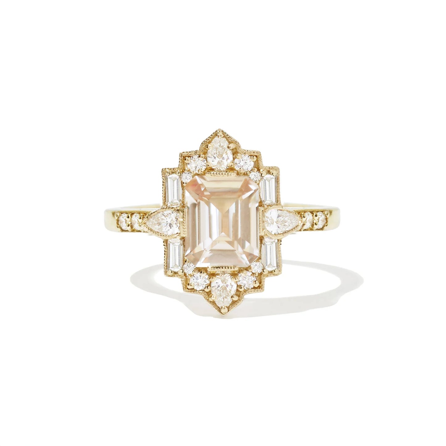 Peach Sapphire Deco Emerald & Pear Diamond Mosaic Ring
