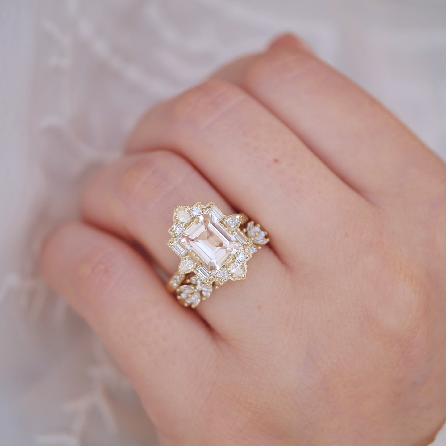 Peach Sapphire Deco Emerald & Pear Diamond Mosaic Ring