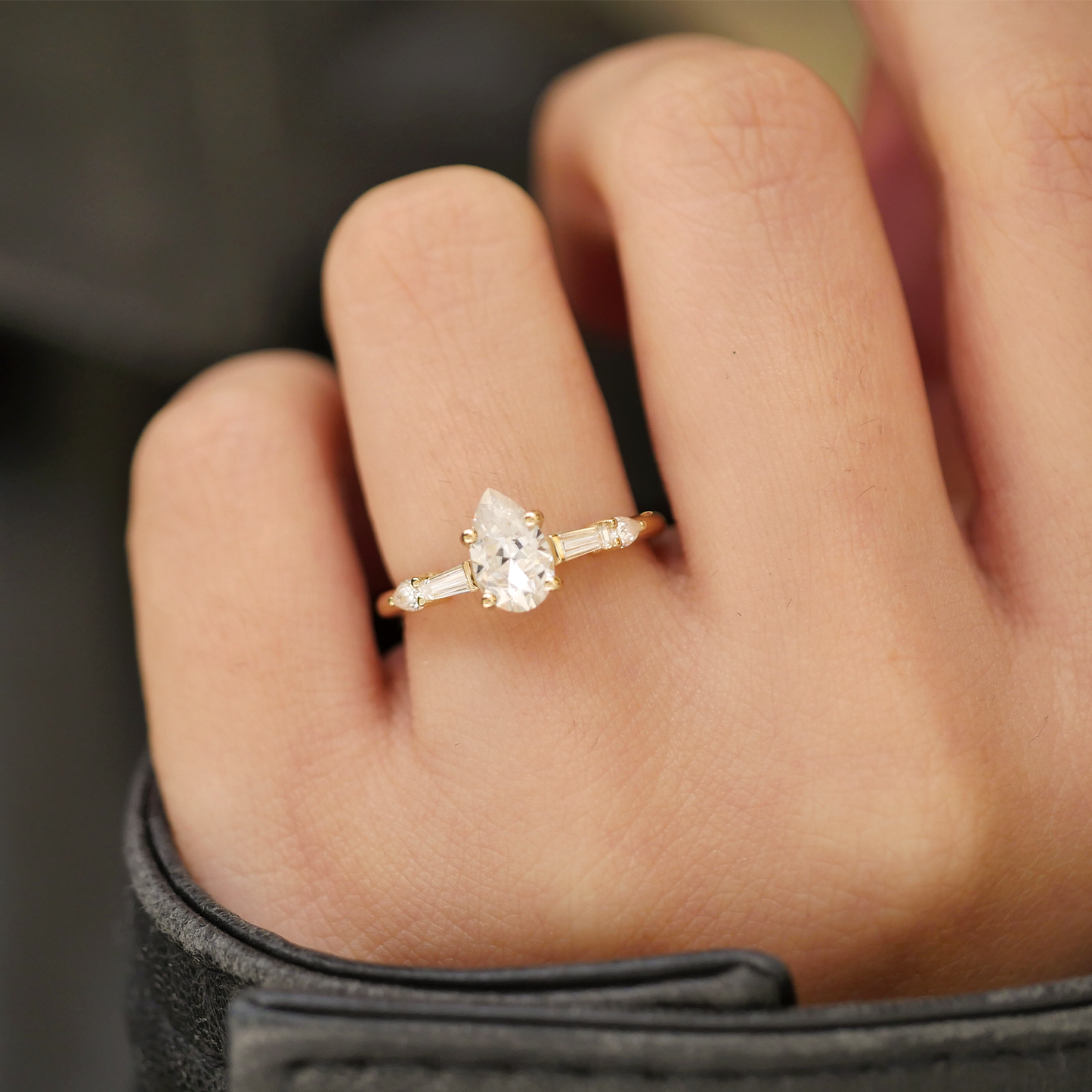 Pear Moissanite and Baguette Engagement Ring
