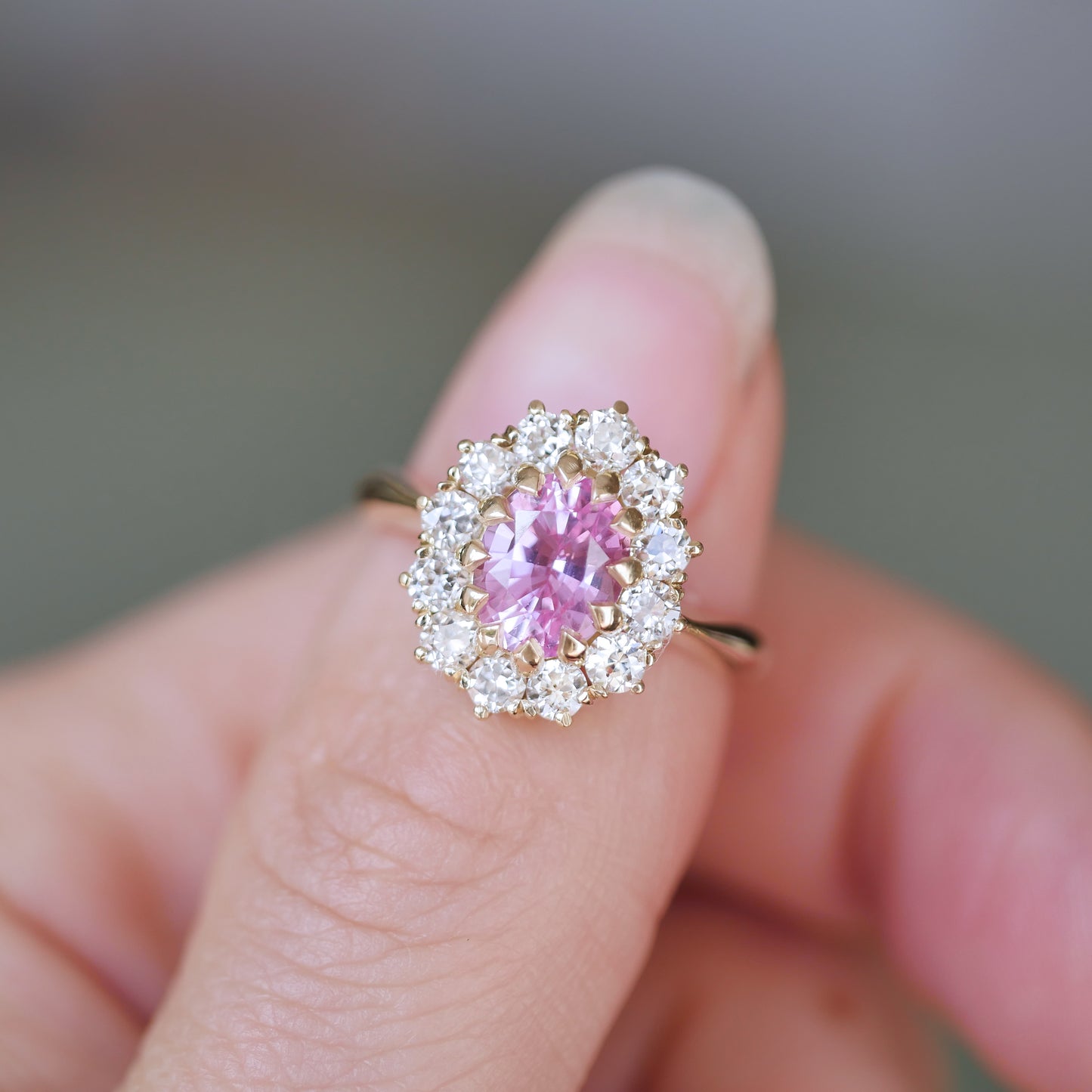 Pink Sapphire & Old Euro Diamond Cluster Ring