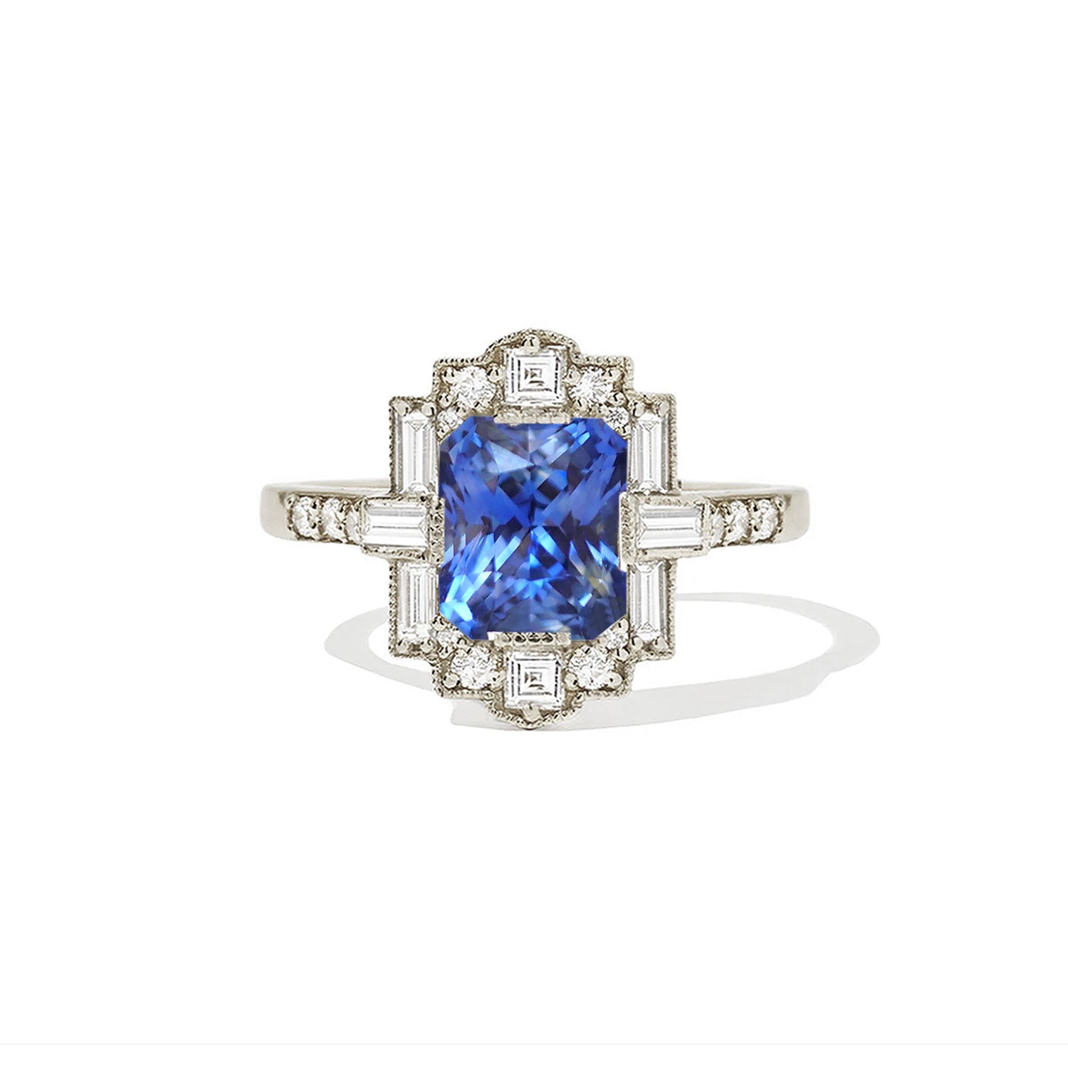 Radiant Blue Sapphire Deco Emerald Cut Diamond Mosaic Ring