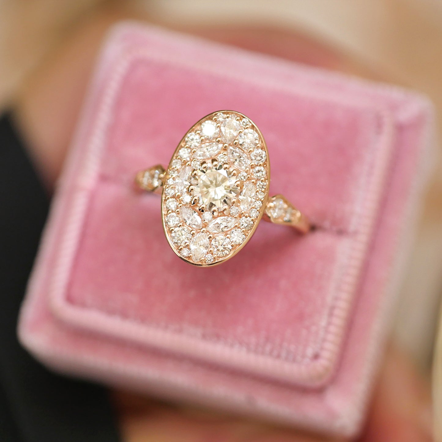 Rose Gold Oval Shape Marquise and Round Brilliant Cut Diamond Mosaic Ring