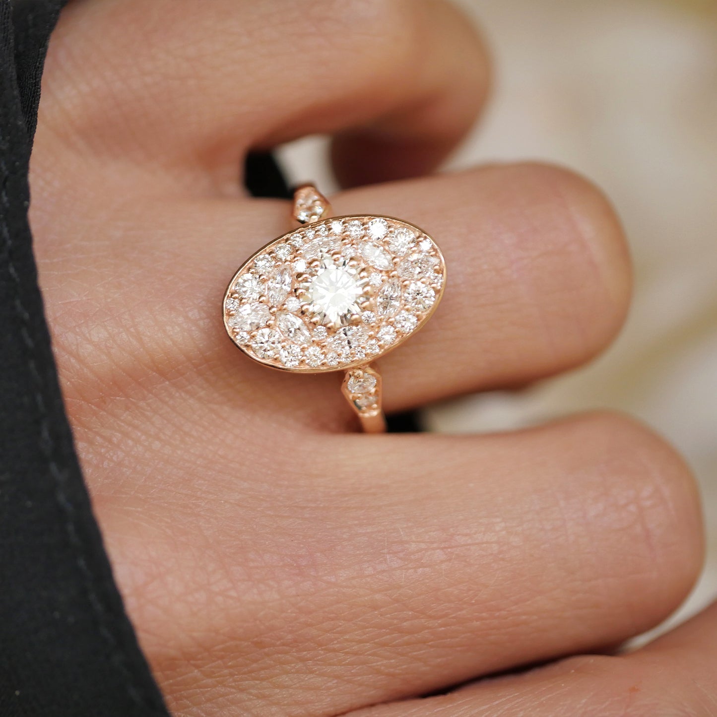 Rose Gold Oval Shape Marquise and Round Brilliant Cut Diamond Mosaic Ring