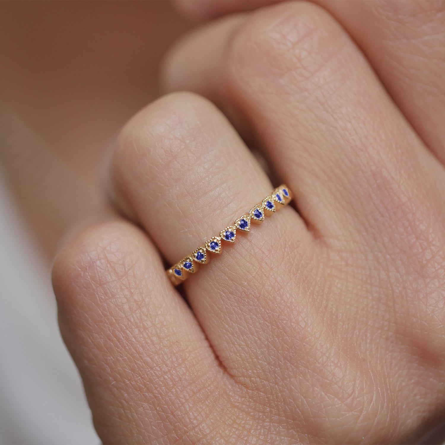 Sapphire Deco Notched Heart Eternity Ring