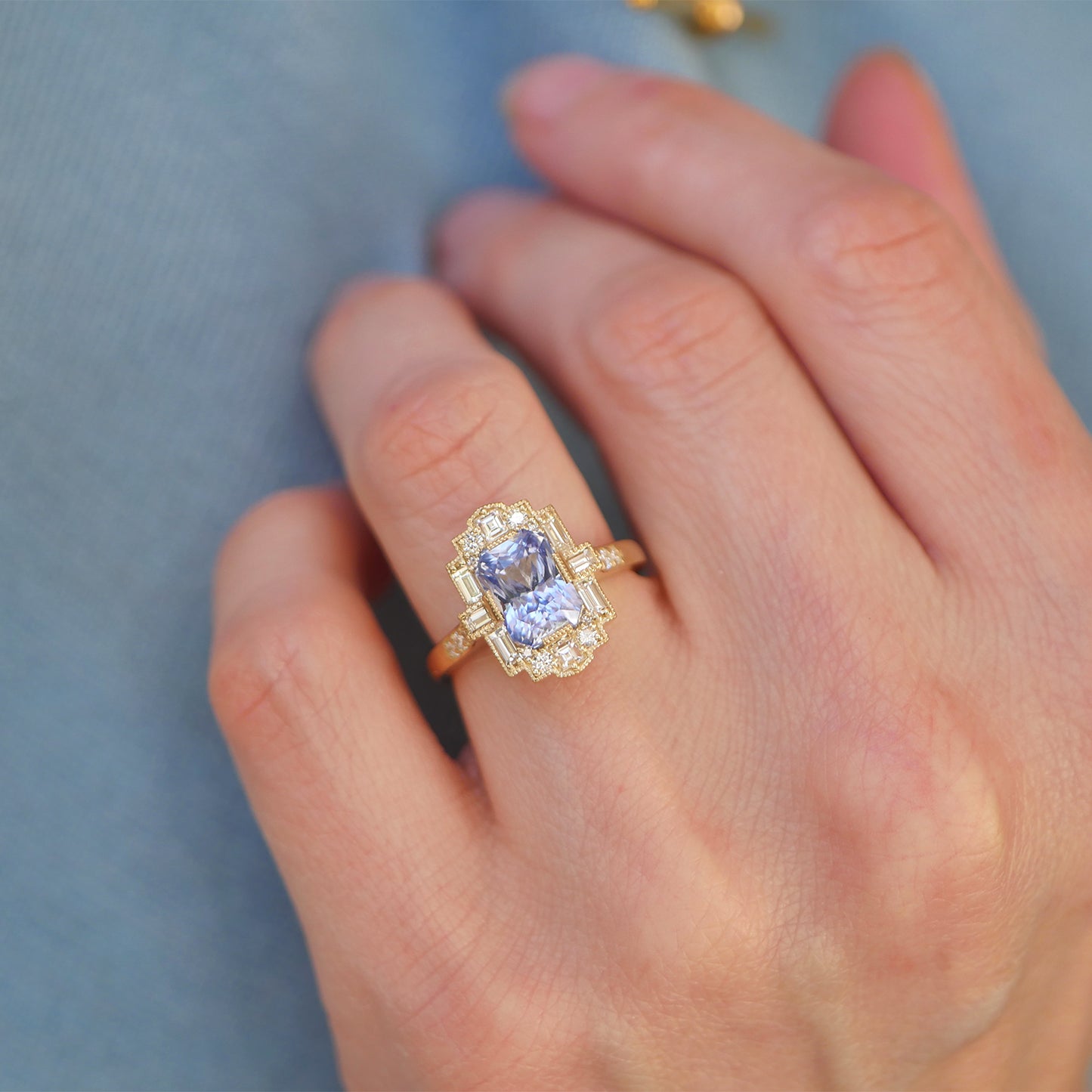 Sky Blue Radiant Sapphire Deco Emerald Cut Diamond Mosaic Ring