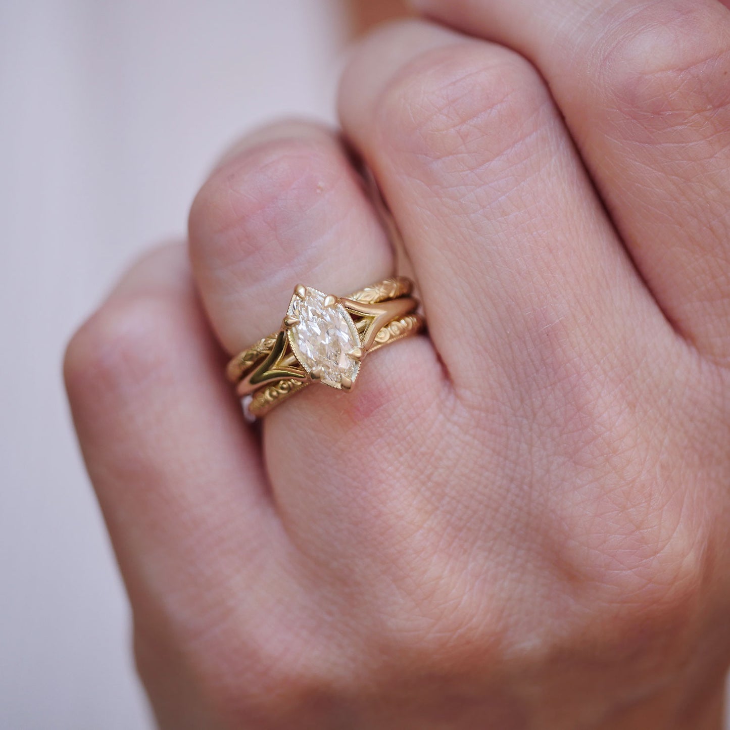 Split Shank Champagne Moval Diamond Solitaire
