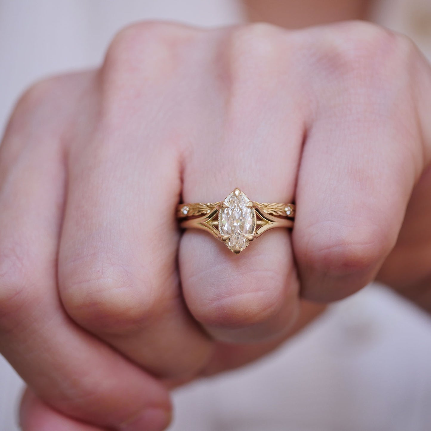 Split Shank Champagne Moval Diamond Solitaire