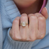 This eye-catching emerald cut lab-grown diamond is showcased in a split shank setting.