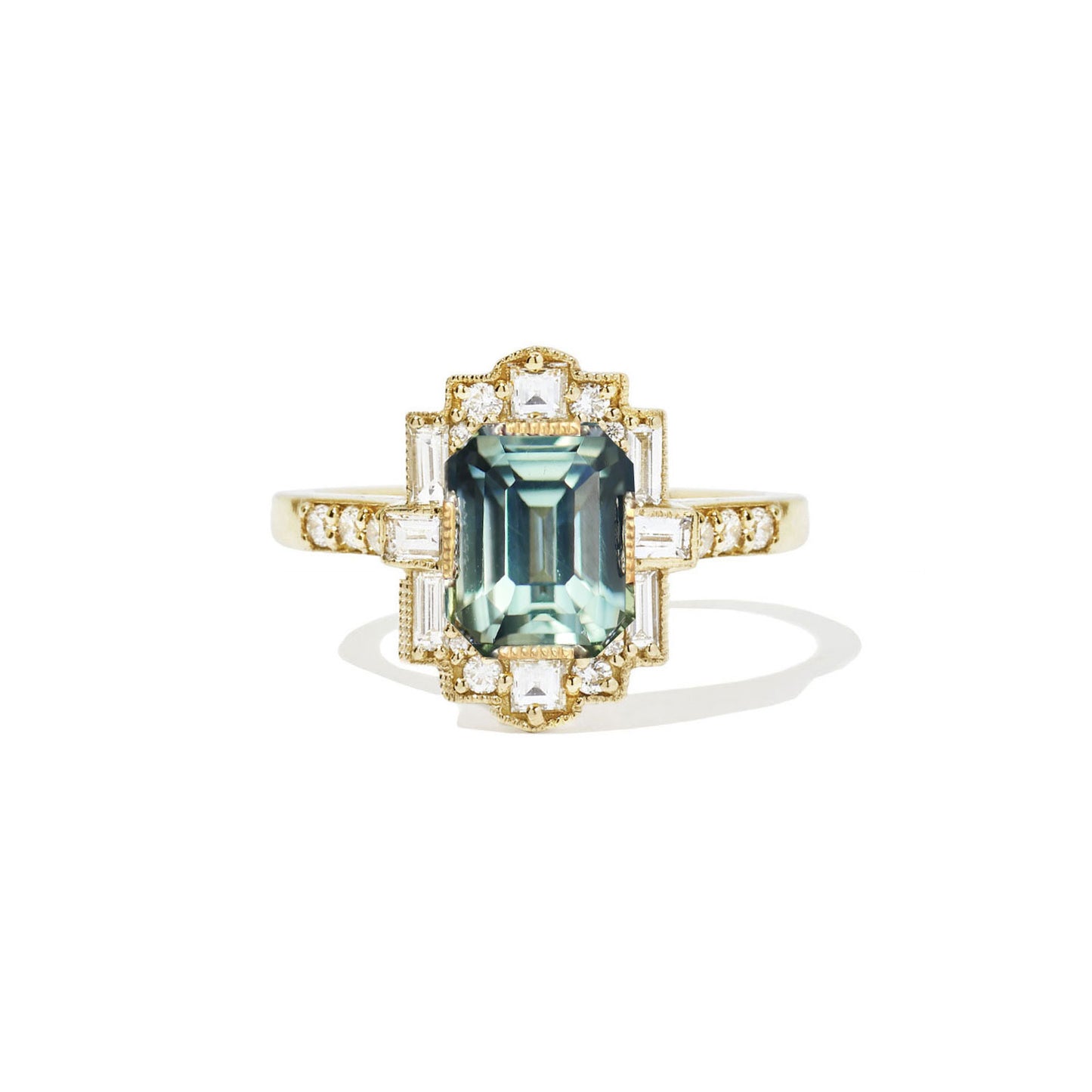 Green Sapphire Deco Halo Diamond Mosaic Ring