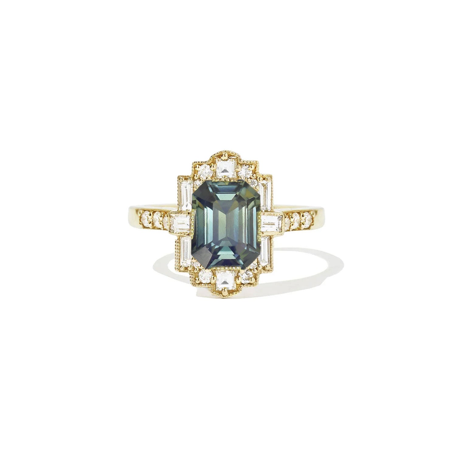 Opalescent Teal Sapphire Deco Emerald Cut Diamond Mosaic Ring