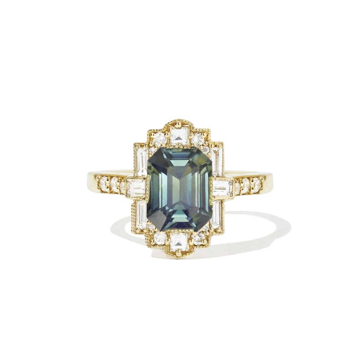 Opalescent Teal Sapphire Deco Emerald Cut Diamond Mosaic Ring