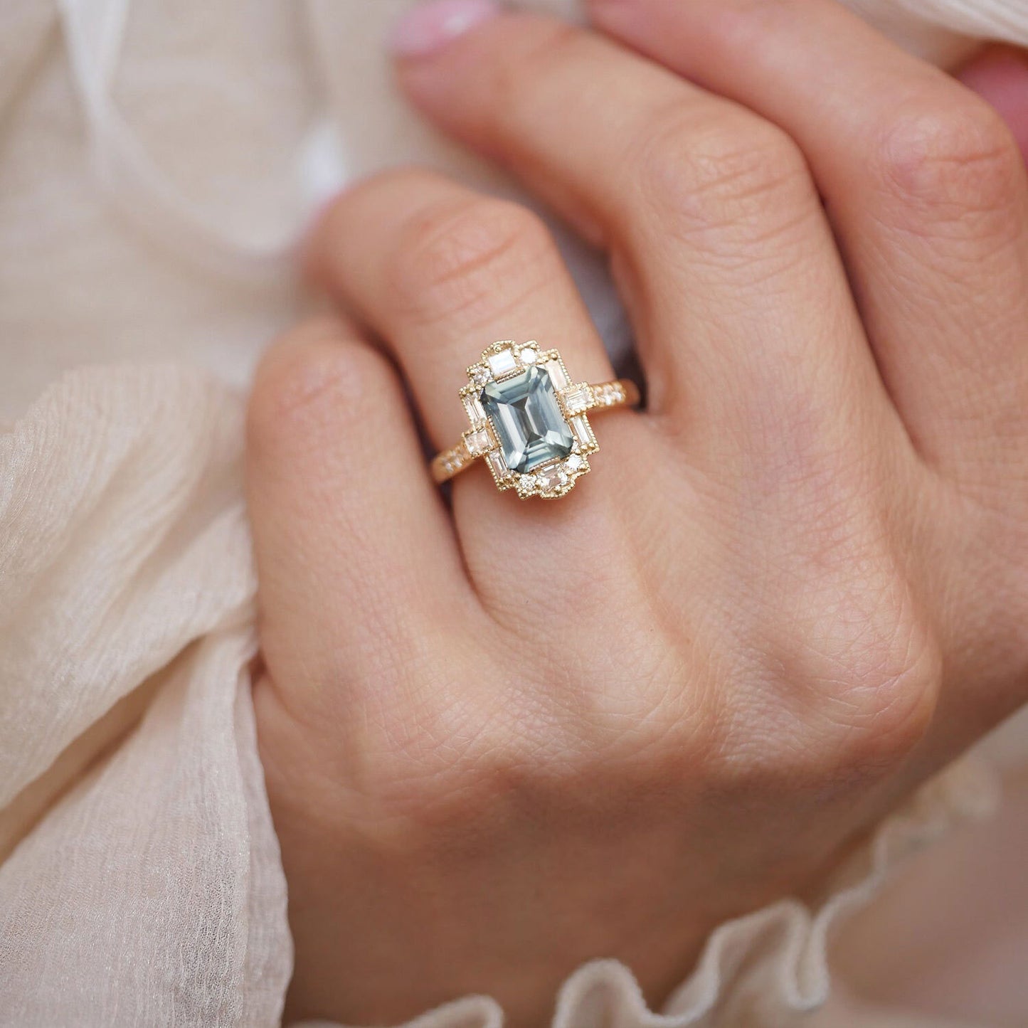 Opalescent Moss Green Sapphire Deco Emerald Cut Diamond Mosaic Ring