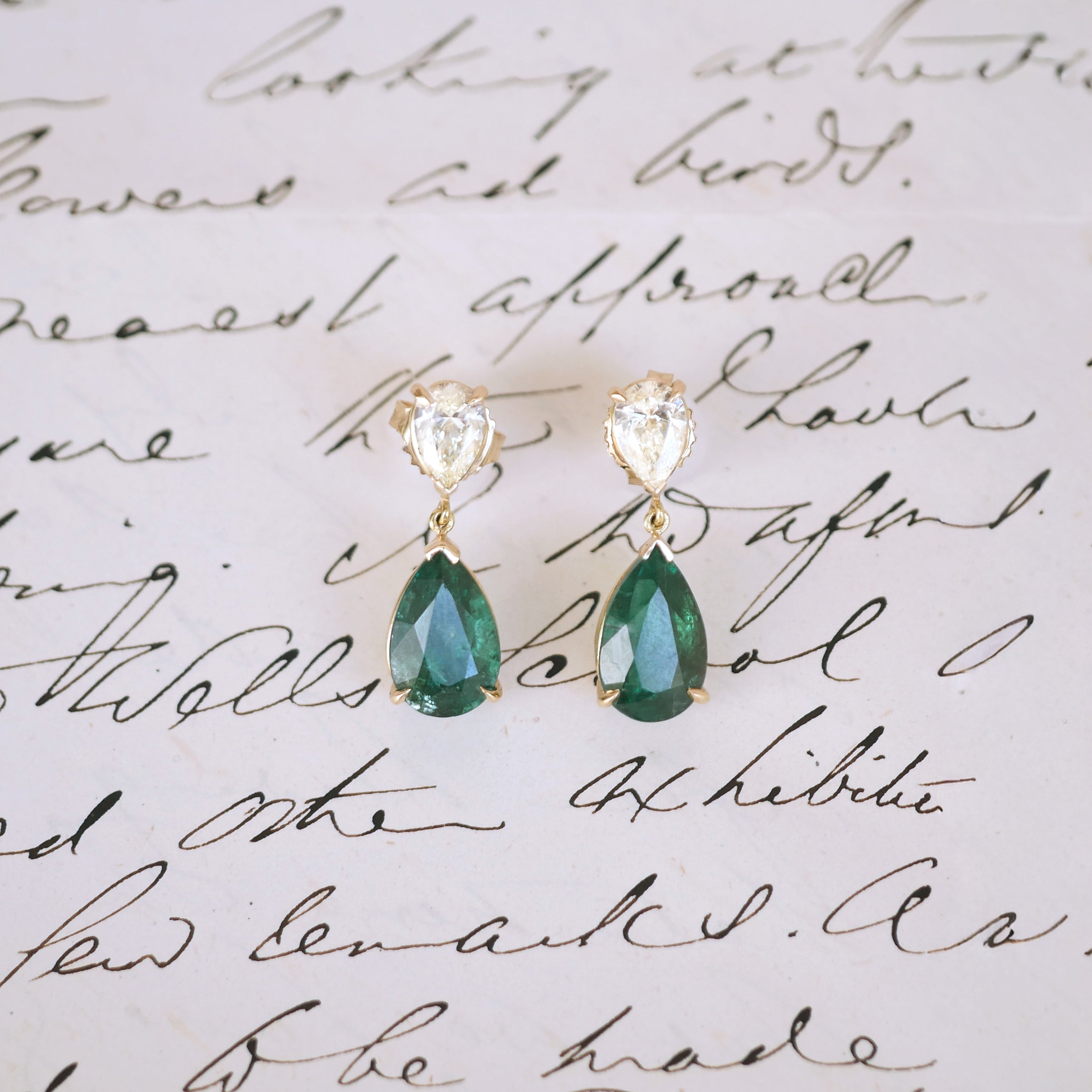 Vintage Diamond Emerald Drop Earrings