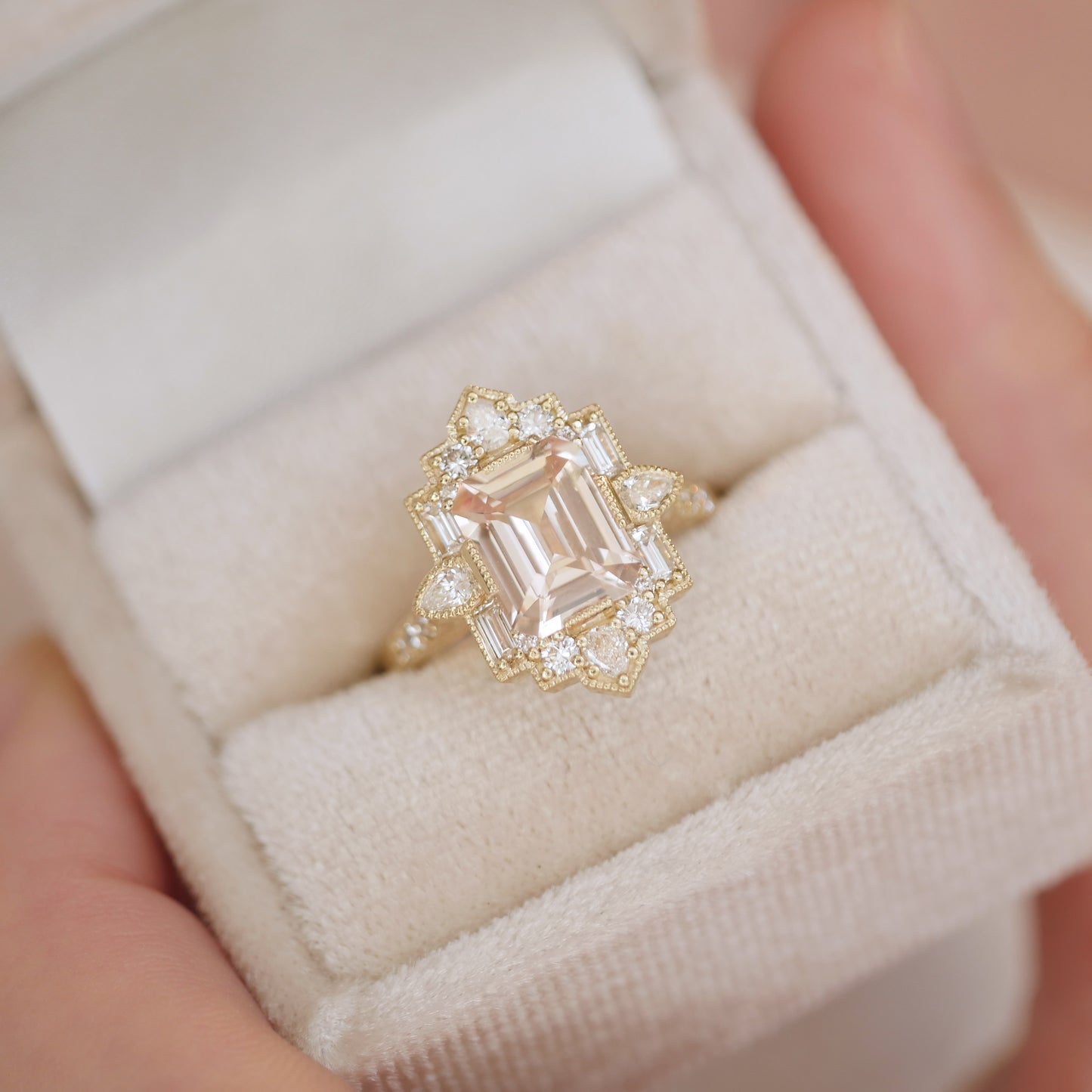 Peach Sapphire Deco Emerald & Pear Diamond Mosaic Ring