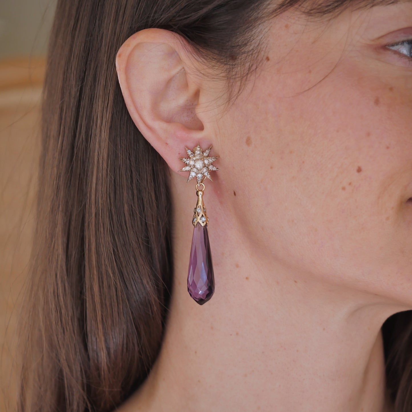 Vintage Amethyst and Diamond Pendant Earrings