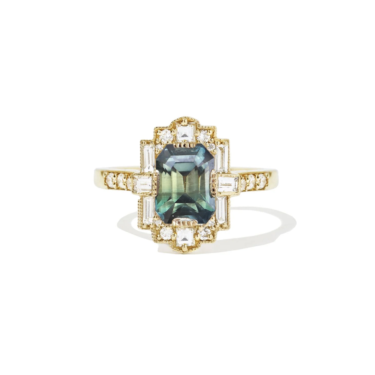 Bi-color Teal Emerald Cut Sapphire Deco Halo Diamond Ring
