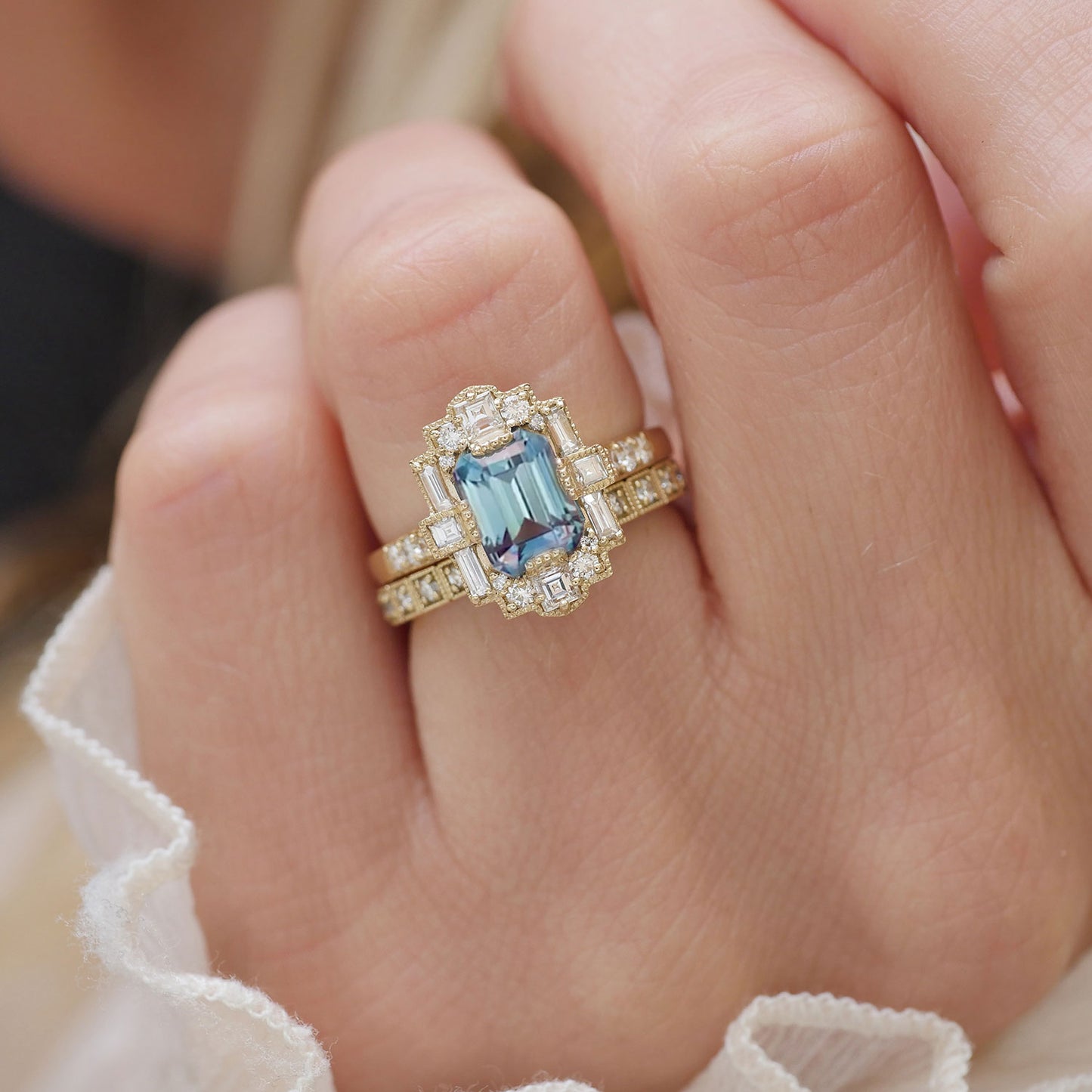 Teal Emerald Cut Sapphire Deco Halo Diamond Ring