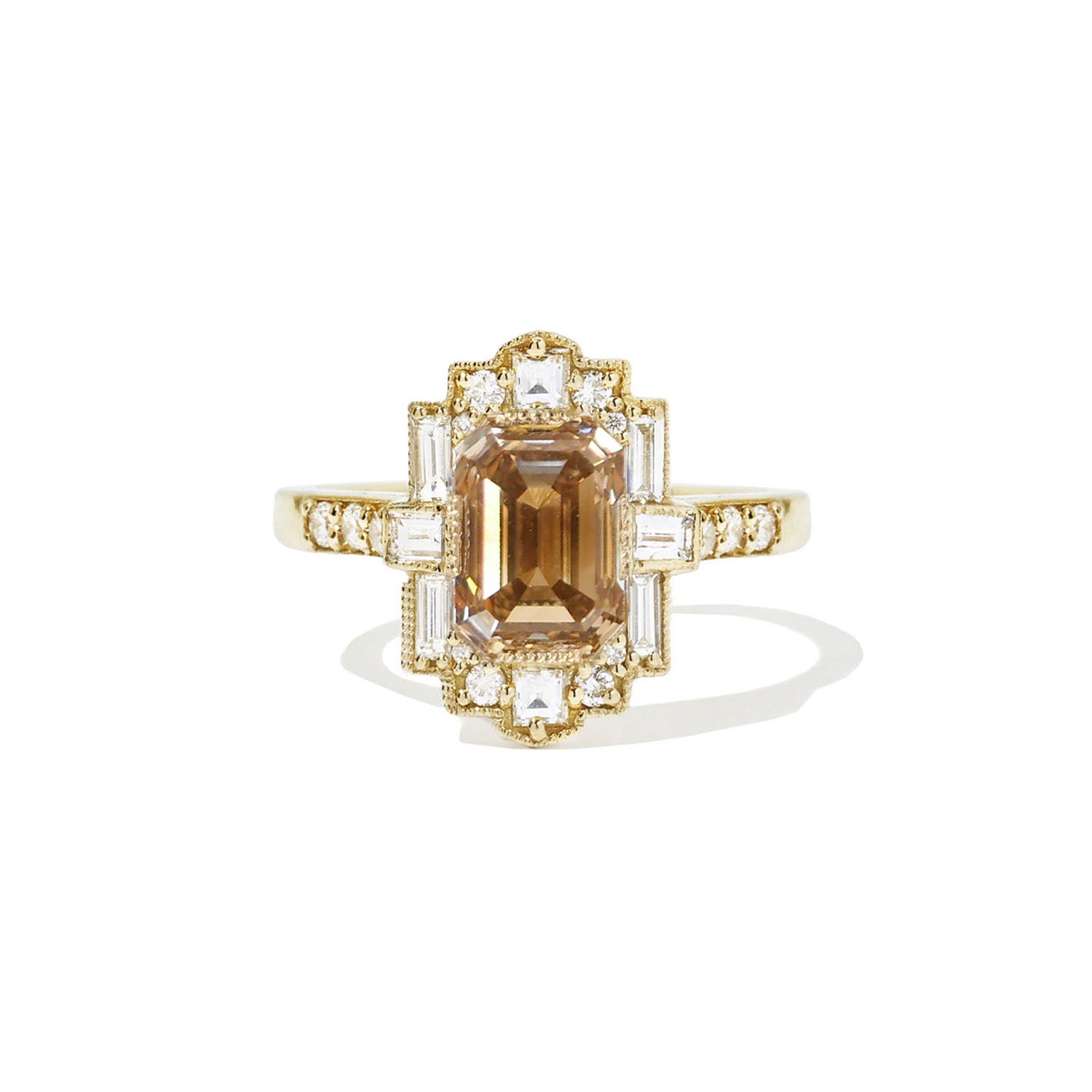 Deco Emerald Cut Champagne Diamond Mosaic Ring