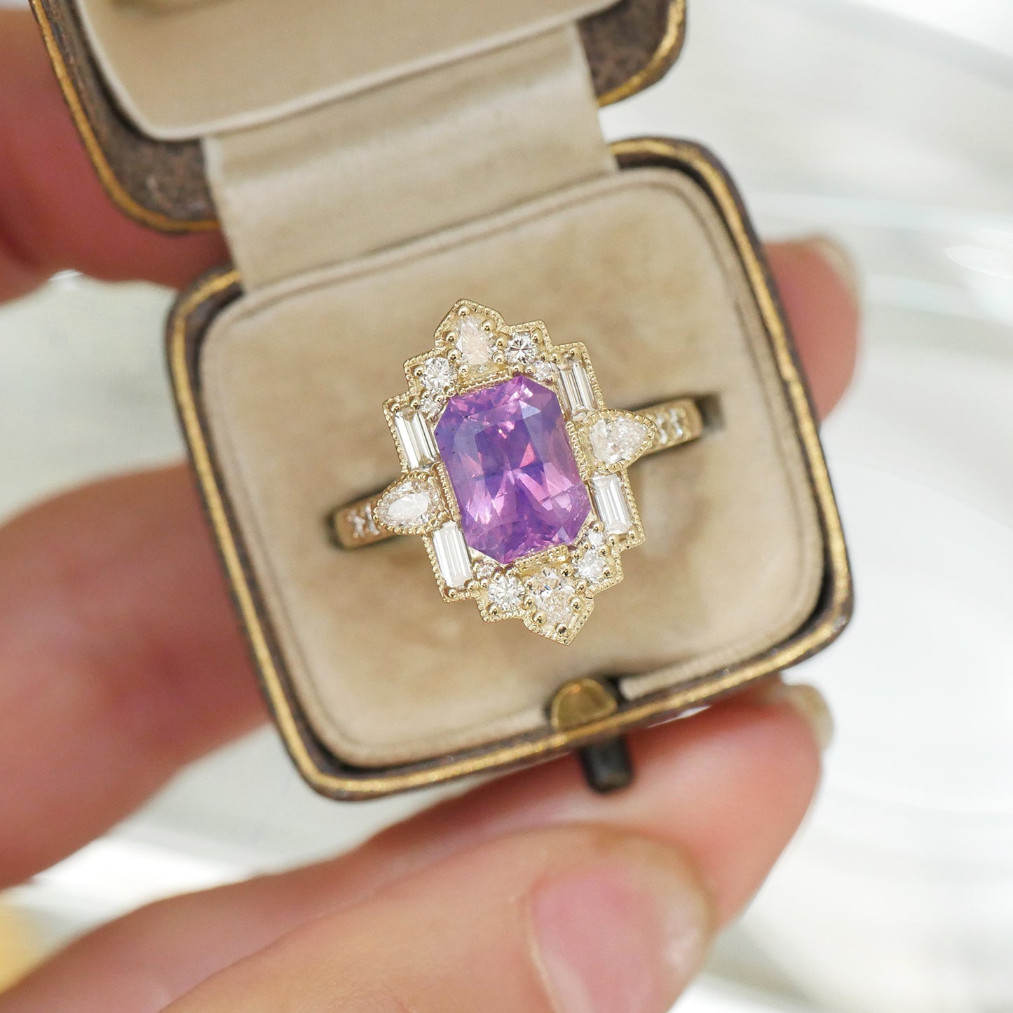 Opalescent Pink/Purple Sapphire Deco Pear & Emerald Diamond Mosaic Ring
