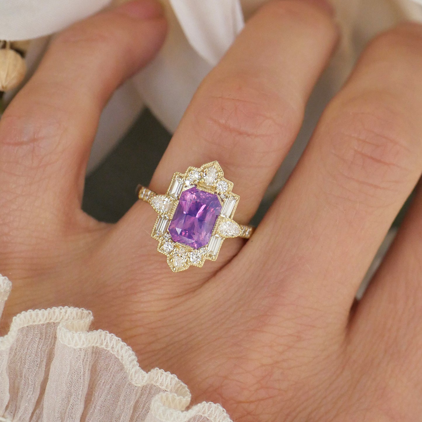 Opalescent Pink/Purple Sapphire Deco Pear & Emerald Diamond Mosaic Ring