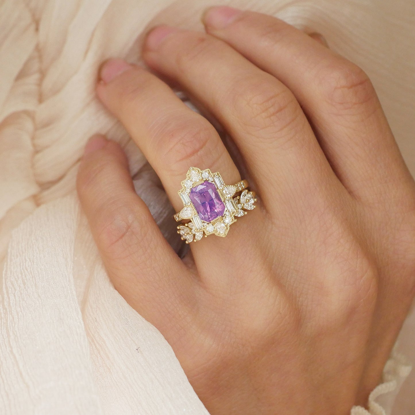 Opalescent Pink/Purple Sapphire Deco Pear & Emerald Diamond Mosaic Ring