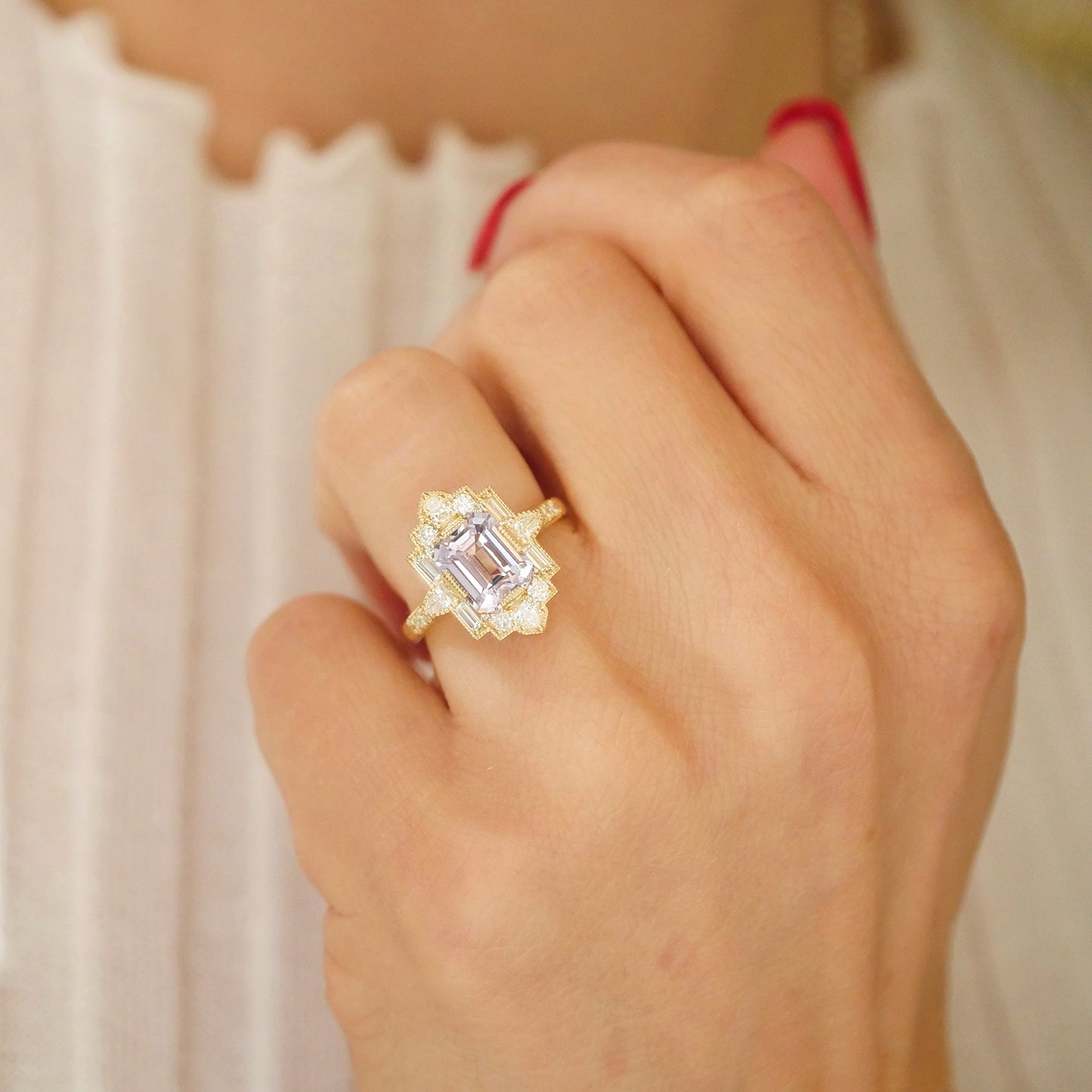 Lavender Sapphire Deco Pear and Emerald Cut Diamond Ring