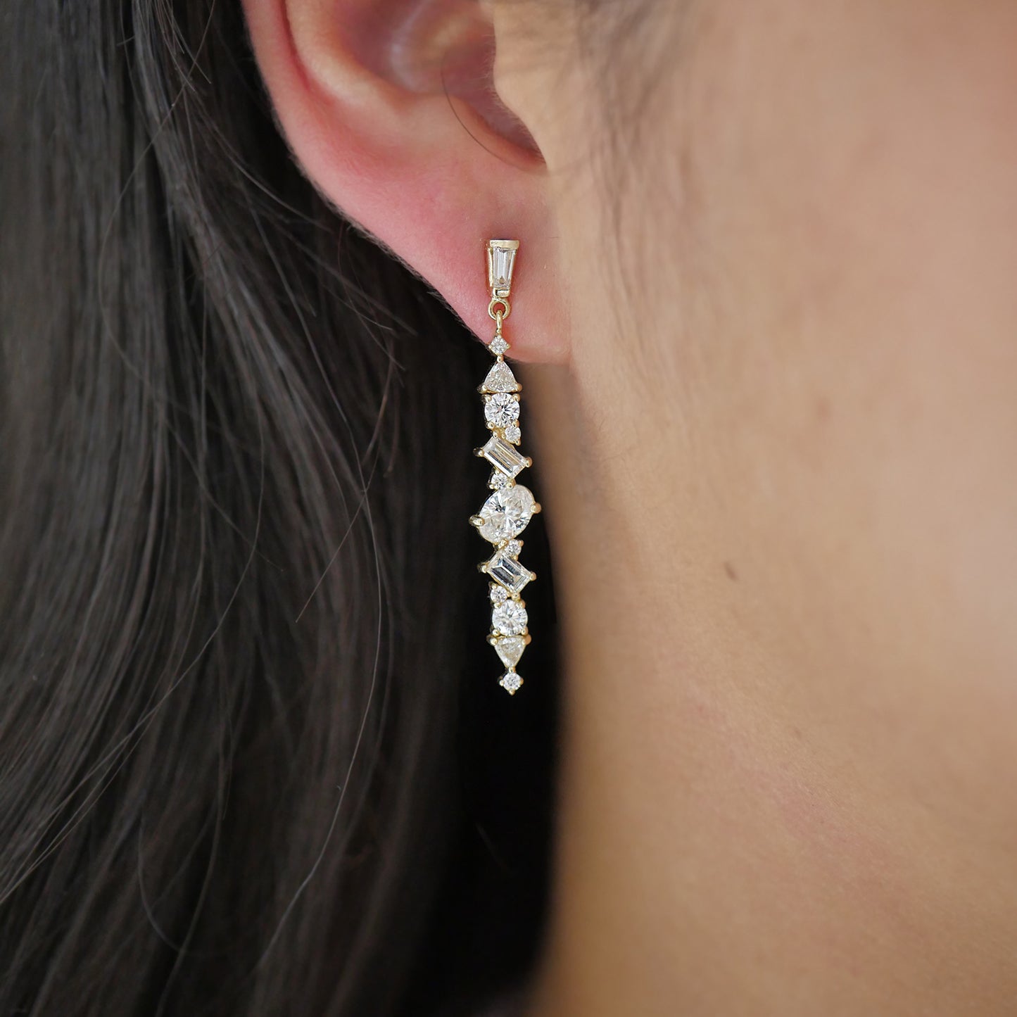 Diamond Cluster Linear Drop Earrings