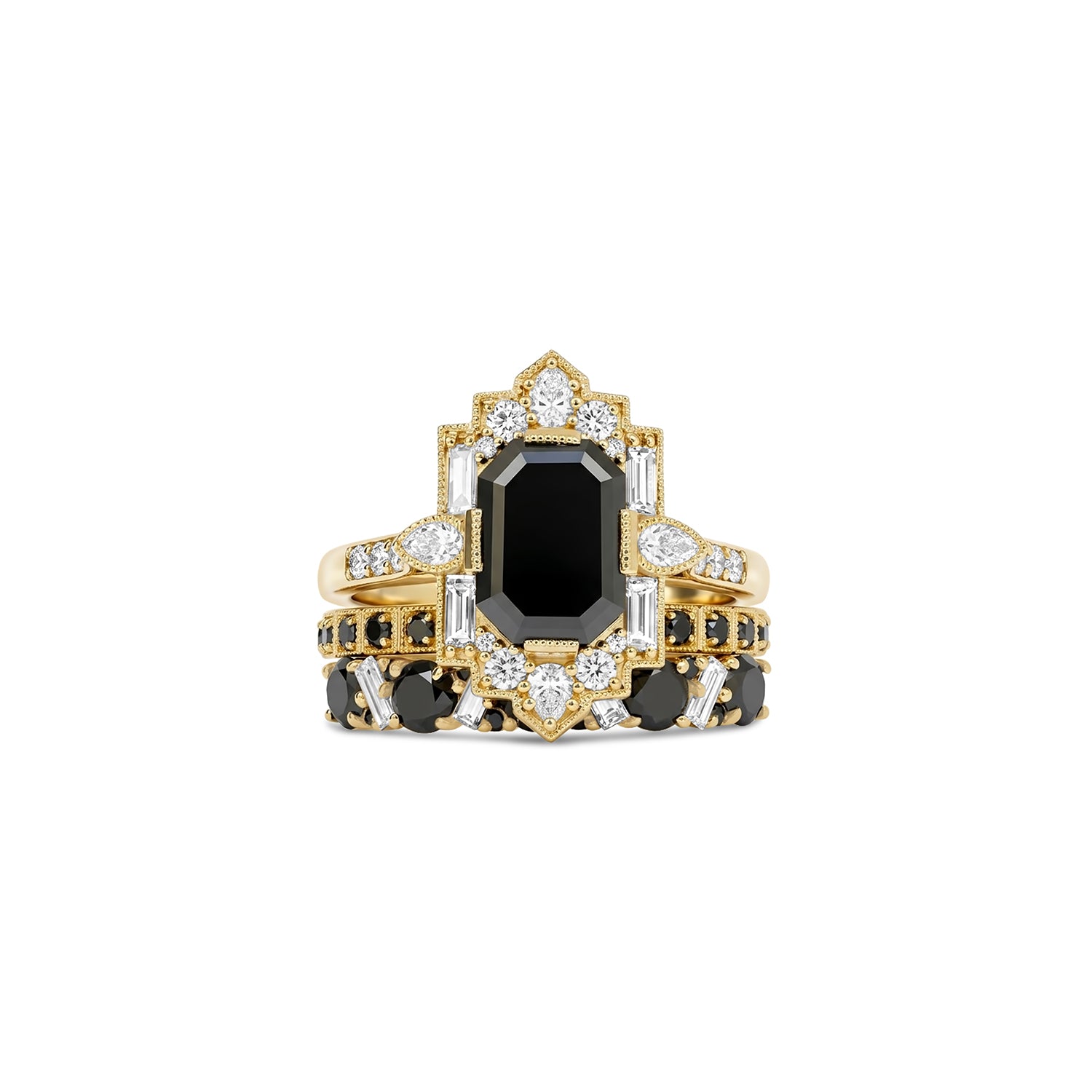 Custom Deco Emerald & Pear Black Diamond Set
