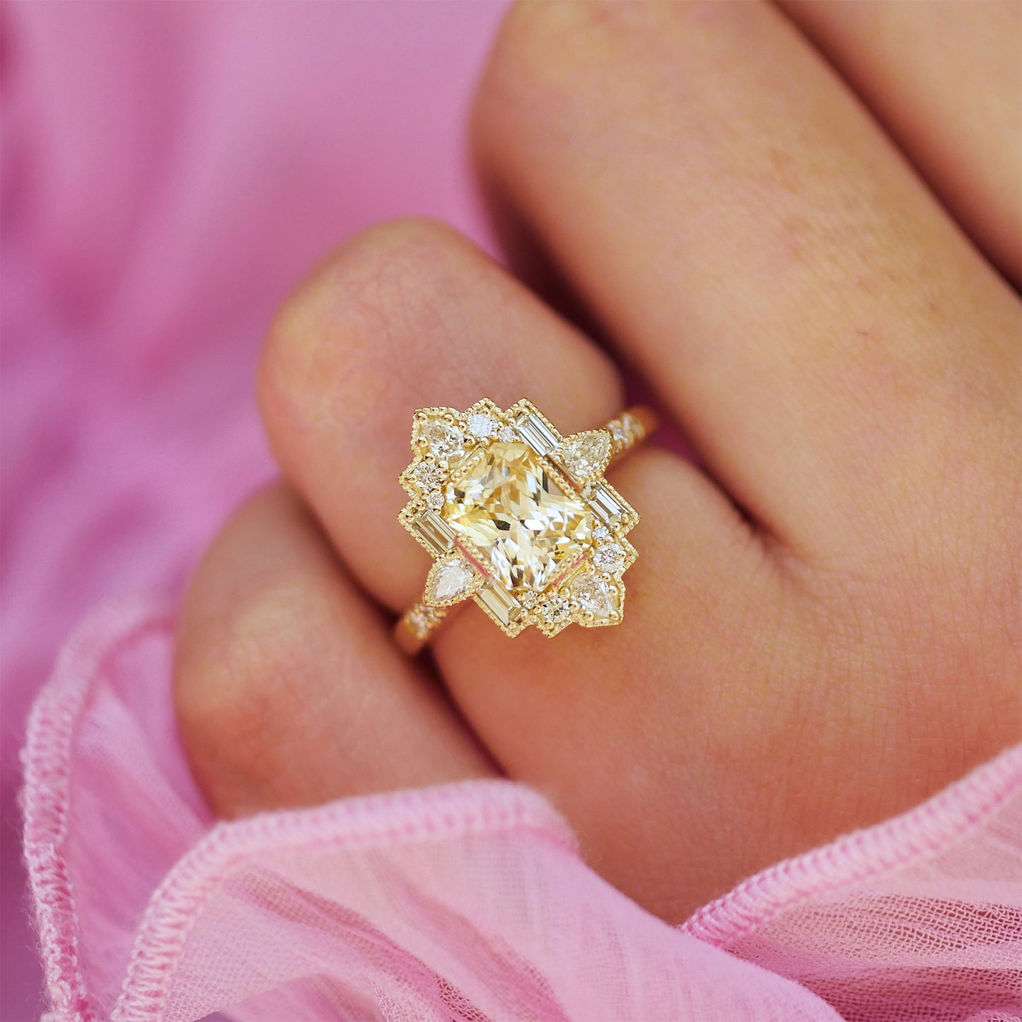 Yellow Sapphire Deco Emerald & Pear Diamond Mosaic Ring