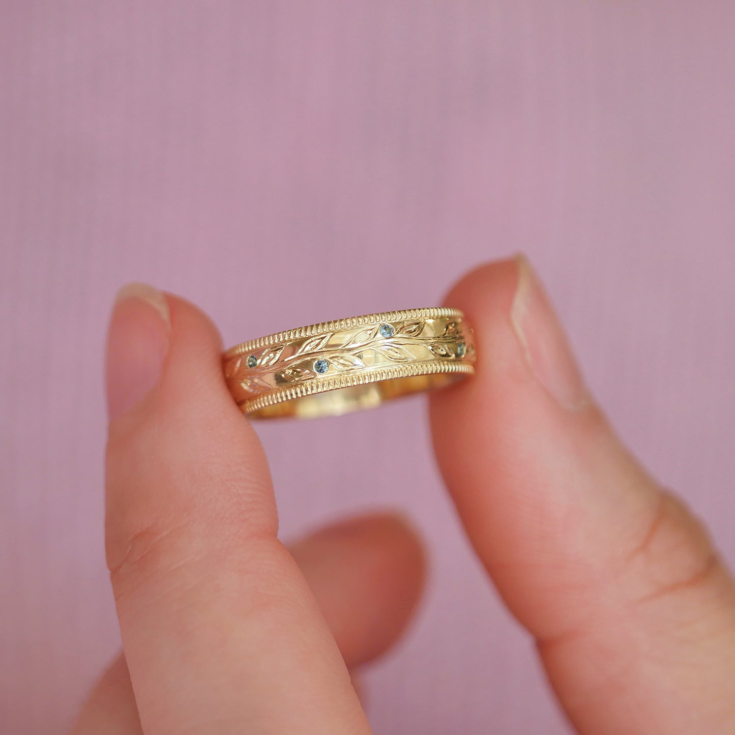 Custom Men's Olive Branch Wedding Ring with Green Sapphires