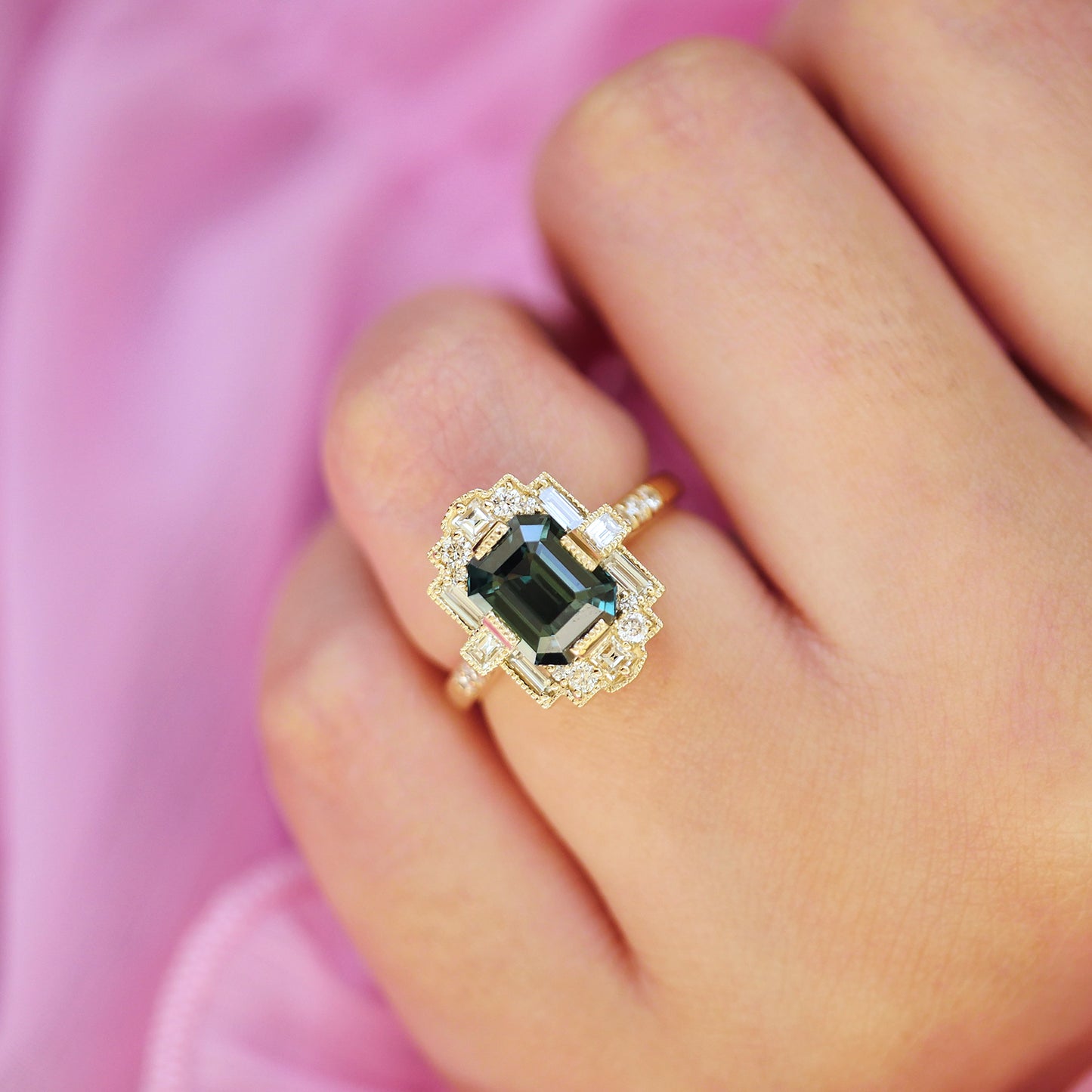 Teal Sapphire Deco Emerald Cut Diamond Mosaic Ring
