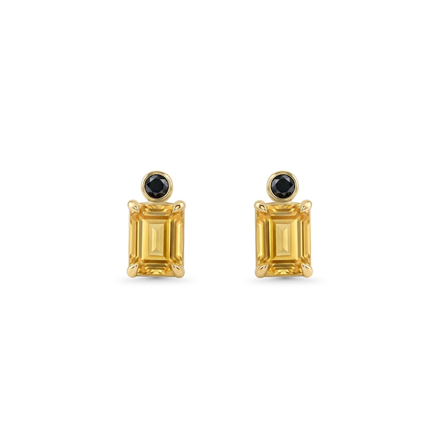 Custom Emerald Cut Natural Citrine Stud Earrings with Black Diamonds
