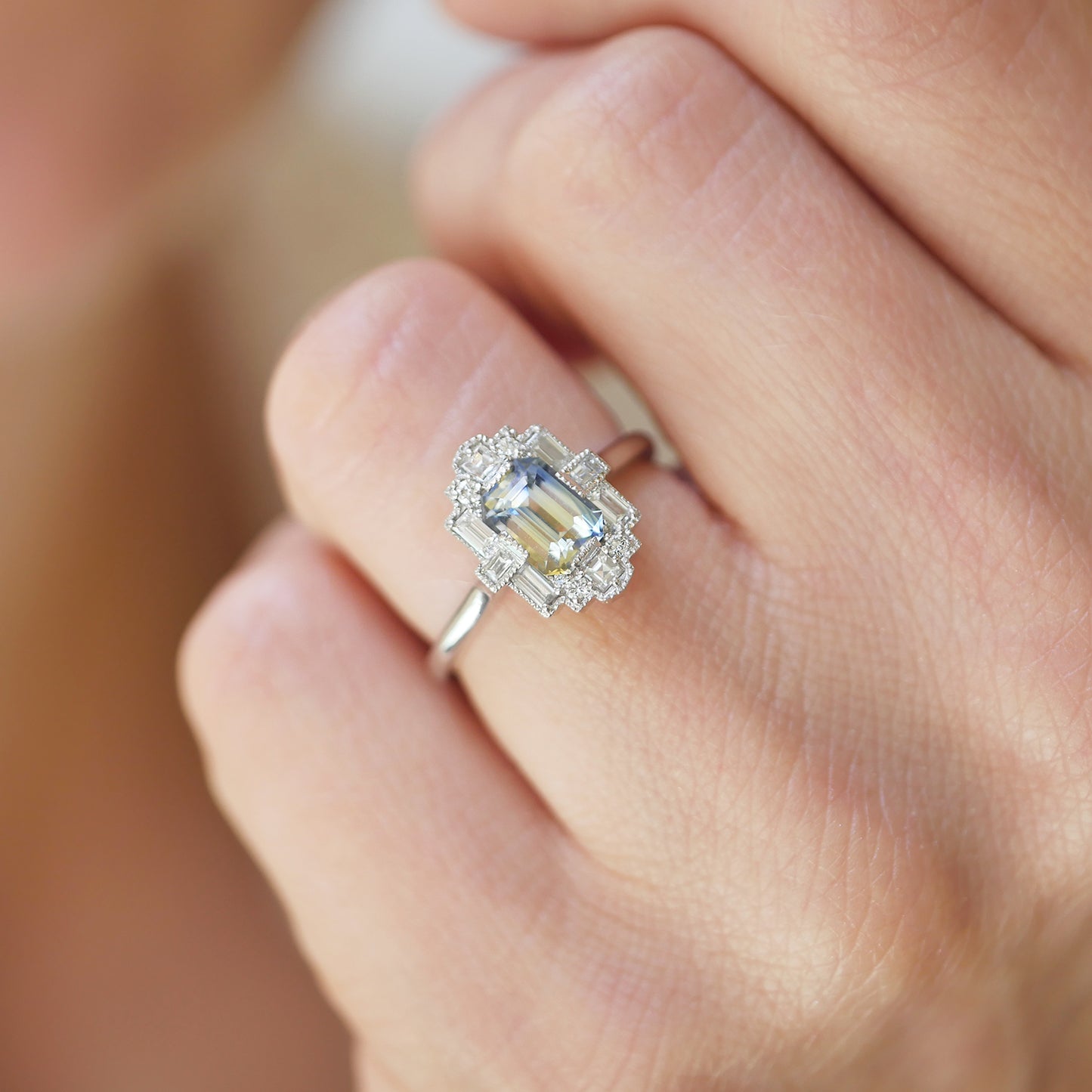 Bi-Color Sapphire Deco Emerald Cut Diamond Mosaic Ring