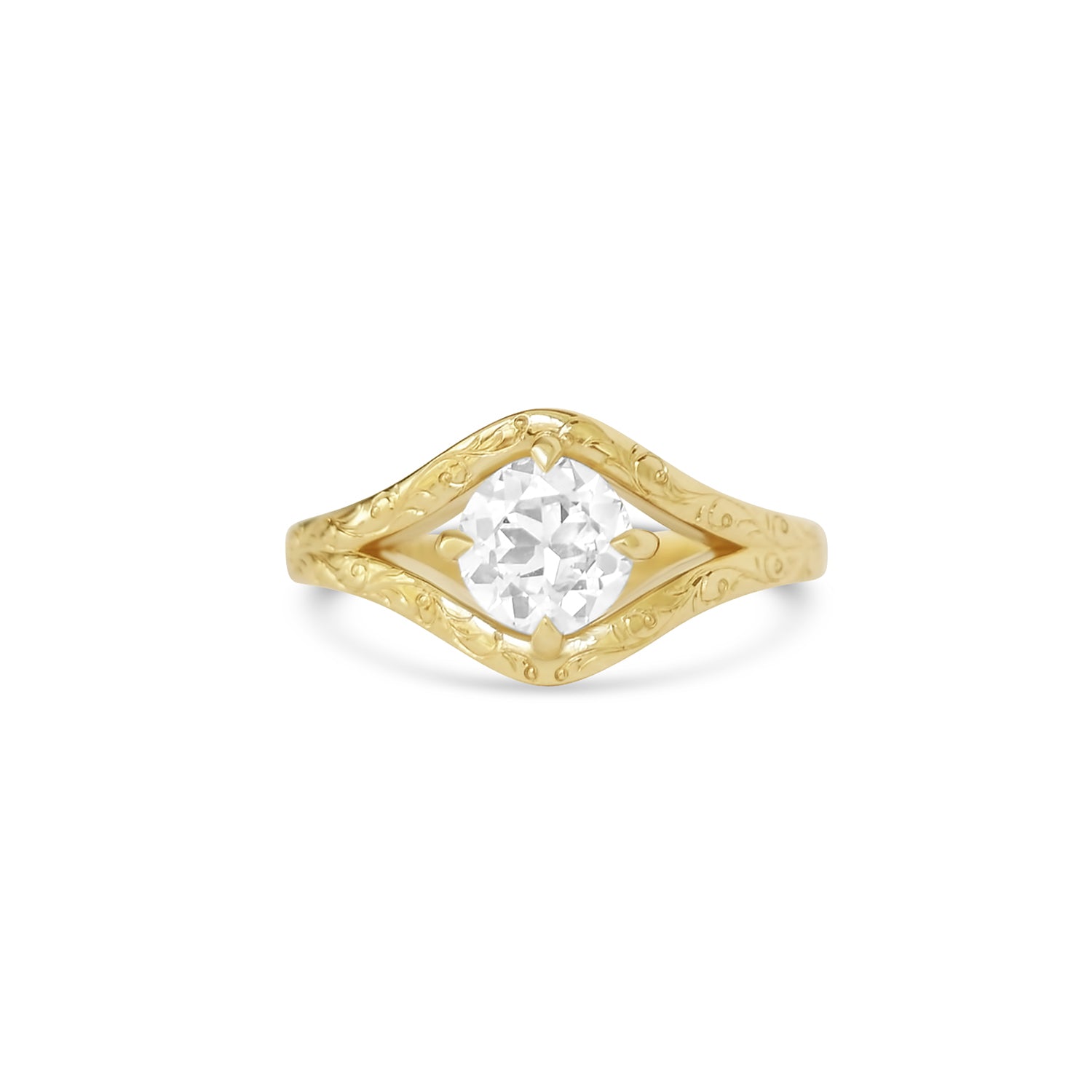 Engraved Split Shank Old European Cut Diamond Ring